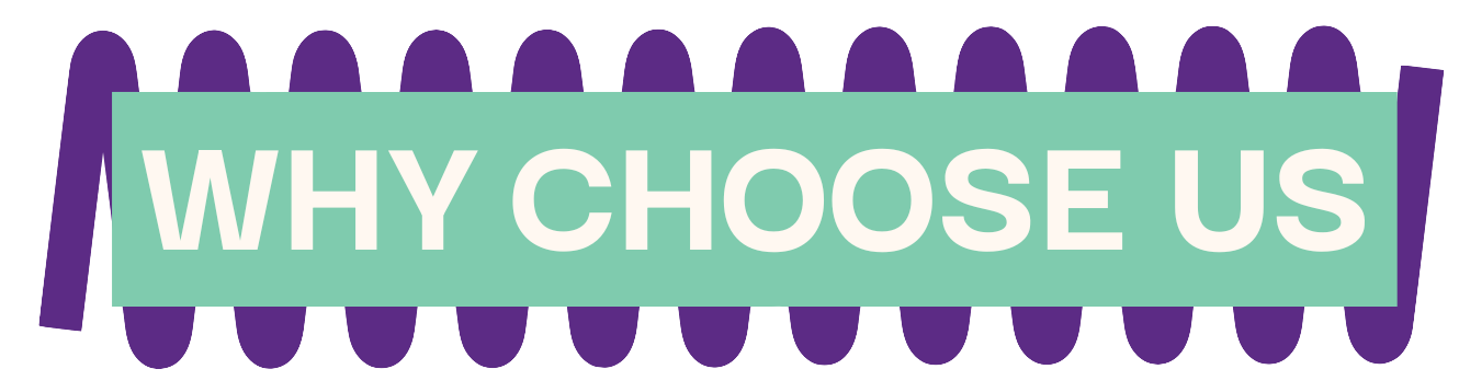 Purple zigzag pattern with a green rectangular banner across the center that reads 'WHY CHOOSE US' in white text.