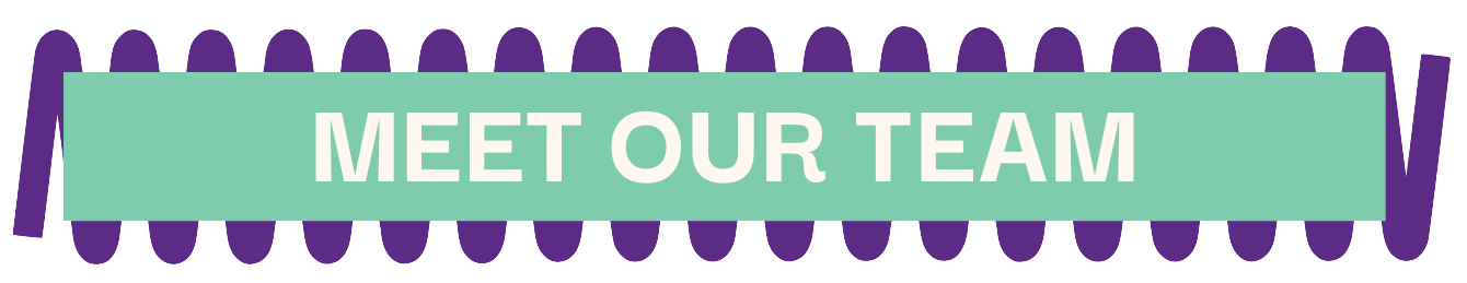 Text in mint green banner reading 'Meet Our Team' over a background of purple vertical lines.