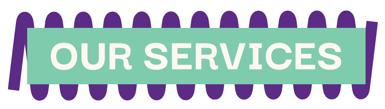 Illustration of a purple woven background with a green band across it containing white text that says 'OUR SERVICES'.