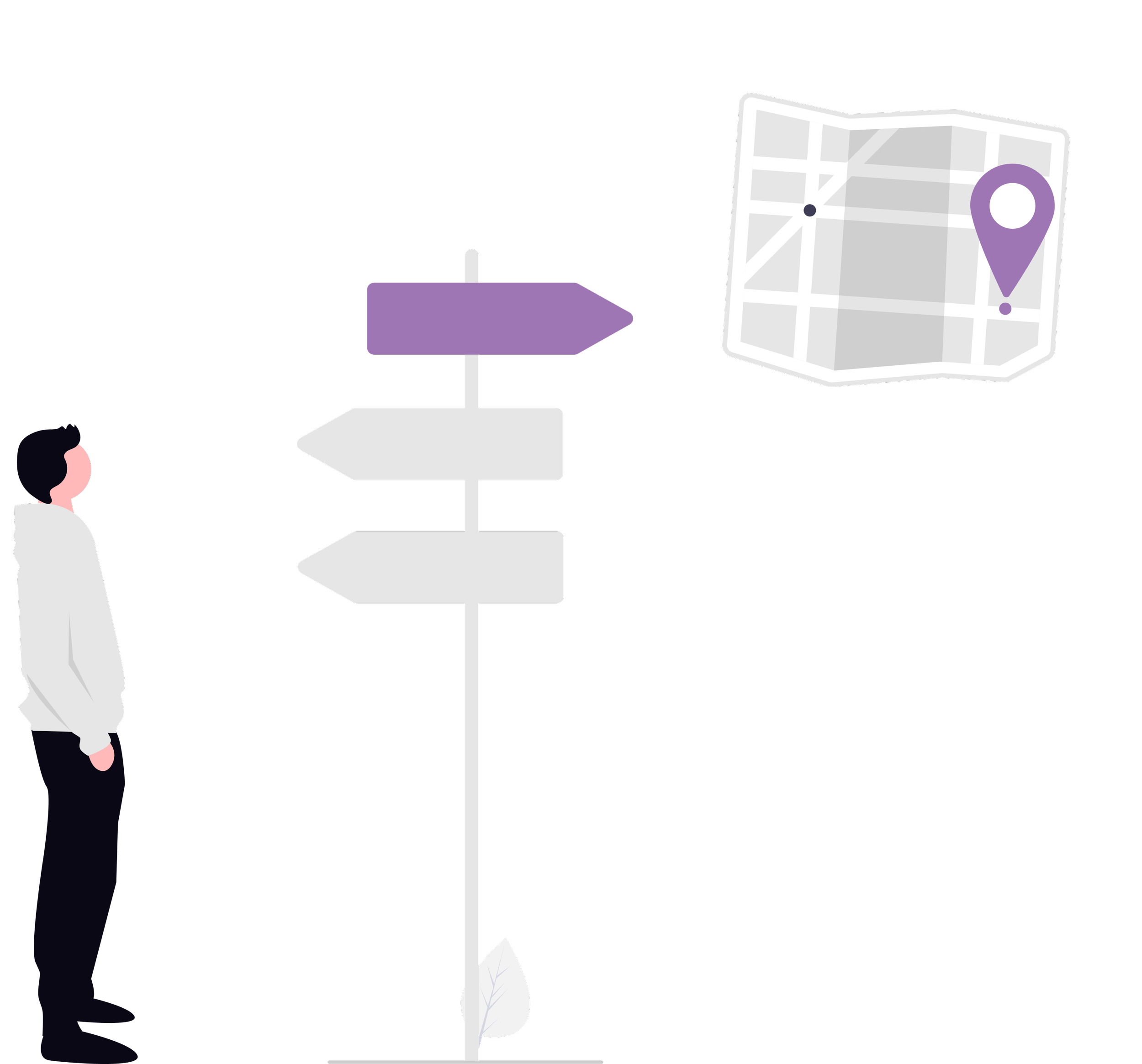 A person standing at a signpost with four directions and a map with a location pin.