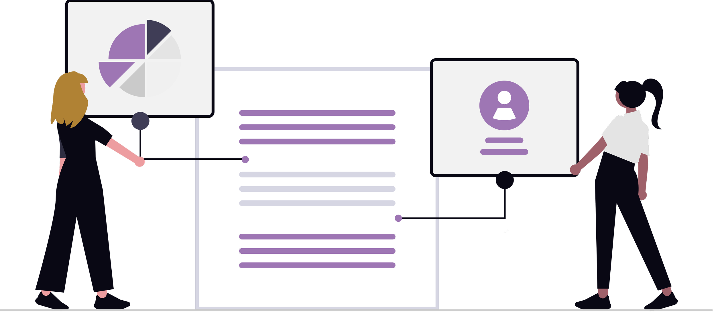 Illustration of two women presenting data and a profile on a digital board, with one woman pointing to a pie chart.
