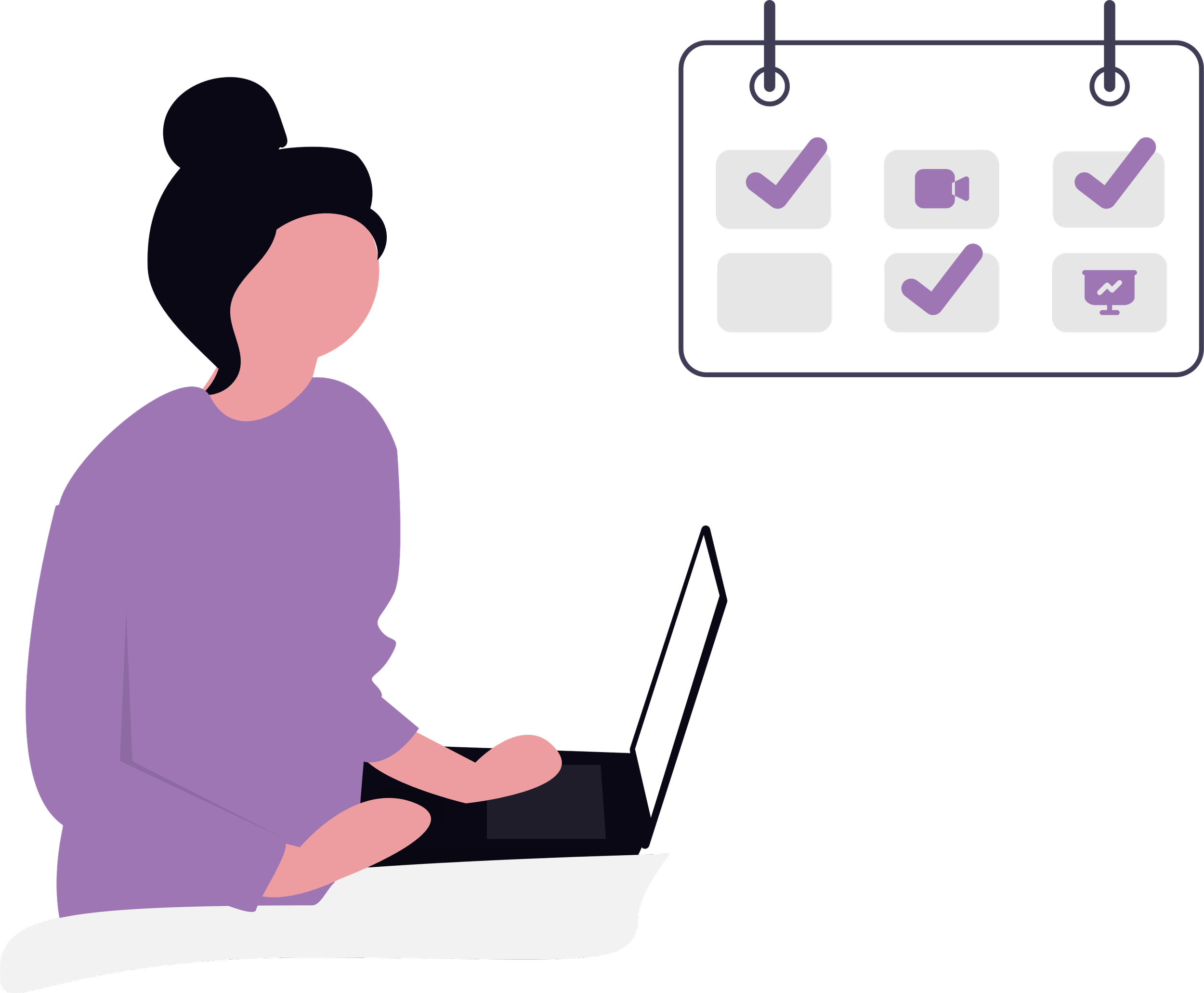 Illustration of a woman sitting at a desk with a laptop, with a scheduling or task management board showing checkmarks and video icons behind her.