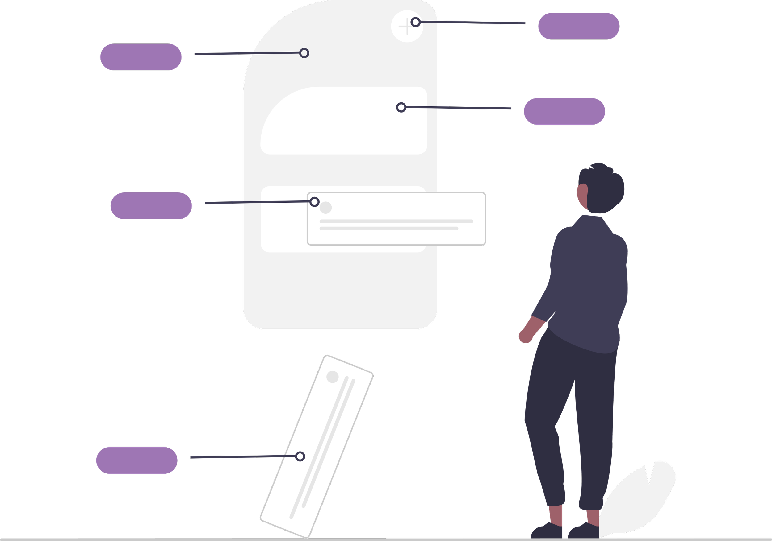 Illustration of a person standing and looking at a large smartphone screen with various labels pointing to it, indicating features or options, and a stylized white credit card below the screen.