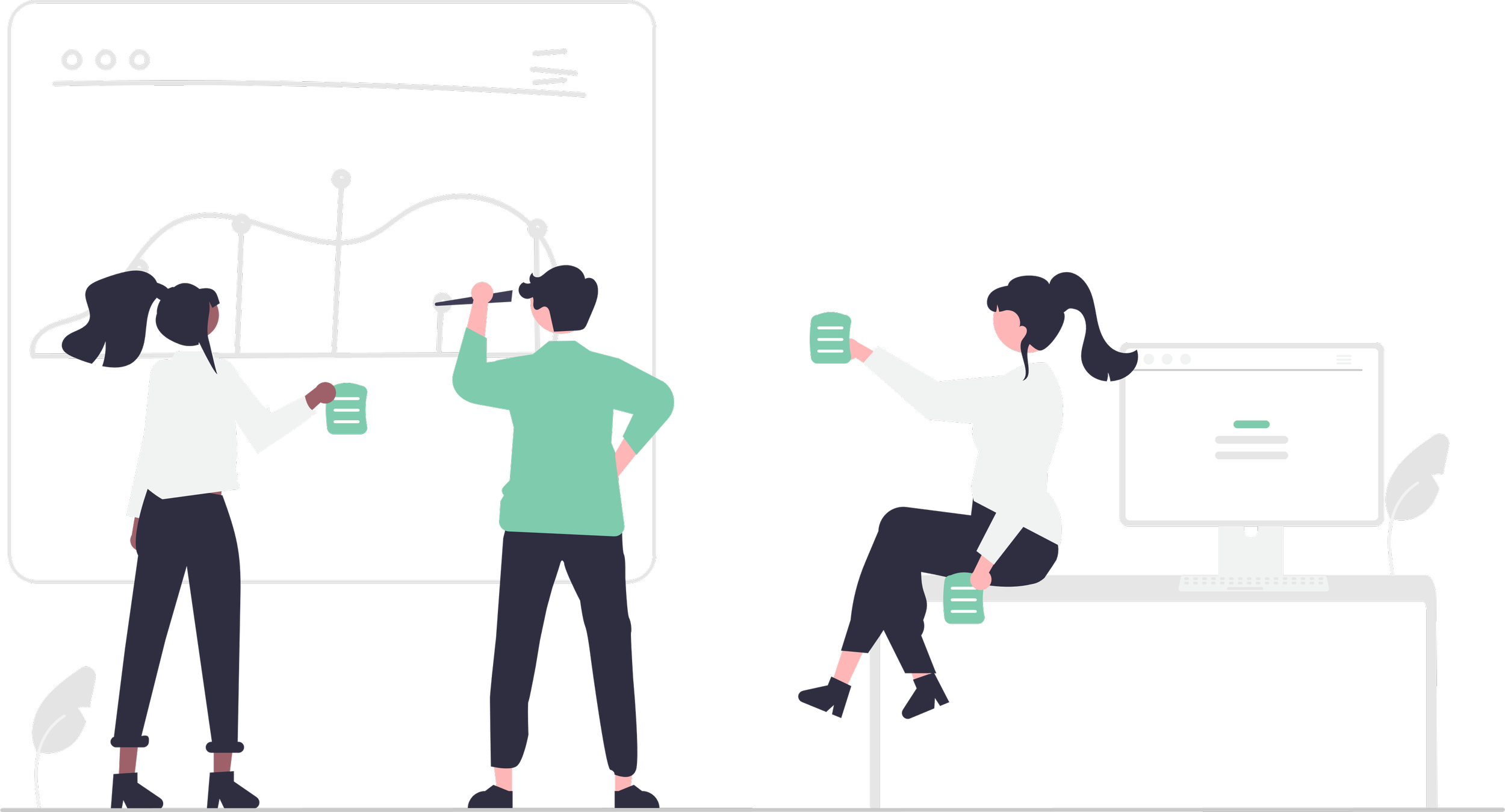 Illustration of three people analyzing and discussing a graph on a large screen, with a computer and plant on a desk nearby.