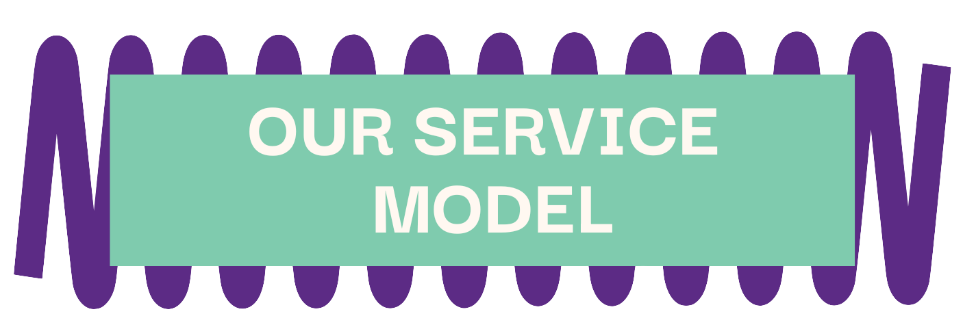 A purple coil-shaped graphic with a green banner across it that reads 'OUR SERVICE MODEL' in white bold letters.