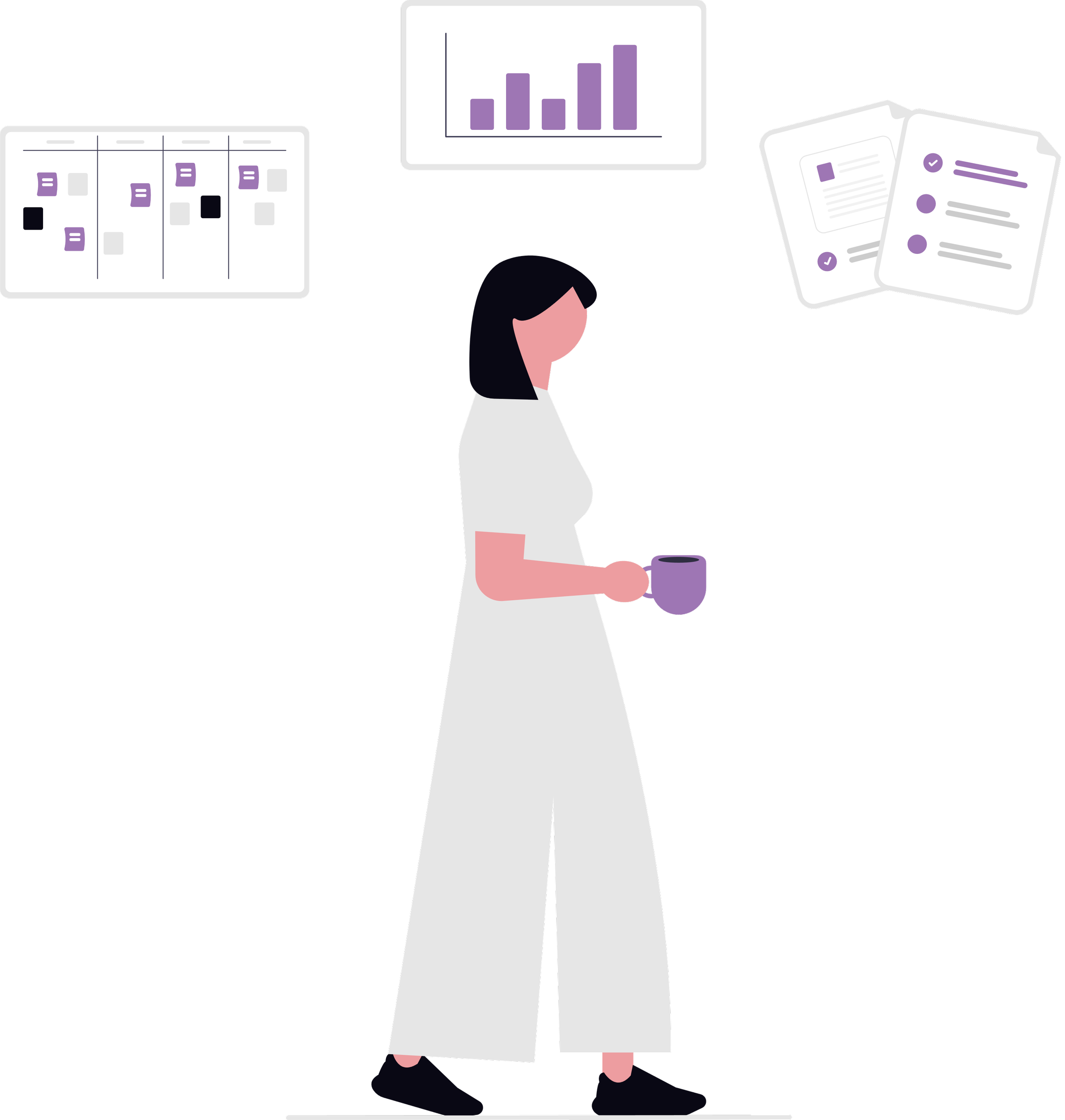 Illustration of a woman holding a purple coffee mug, surrounded by charts and documents on a black background.