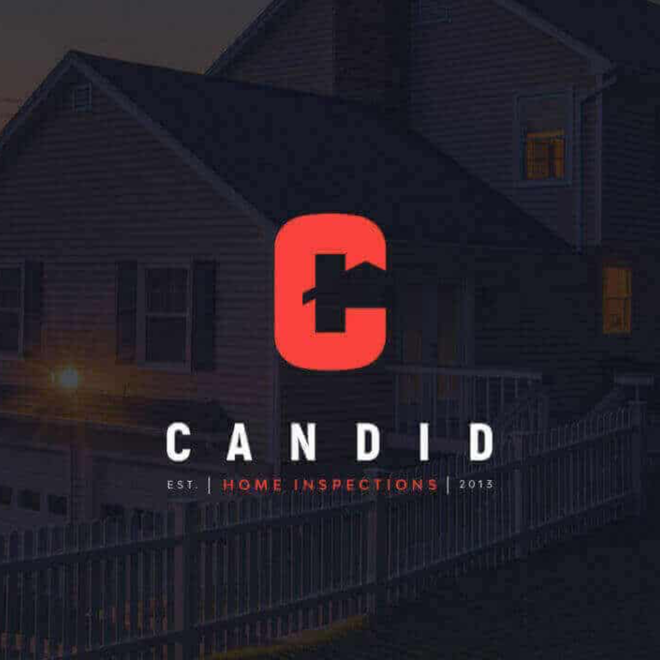 Logo for Candid Home Inspections with a large red letter 'C' and the company name underneath, set against the background of a house at night.