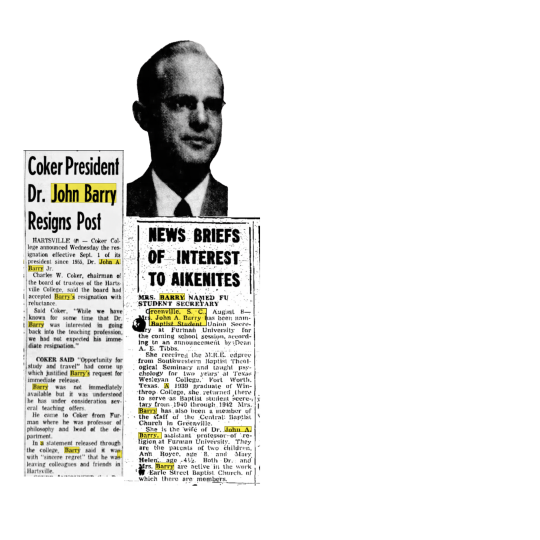 Historical newspaper article featuring Dr. John Barry, a college student, with highlights on his name.