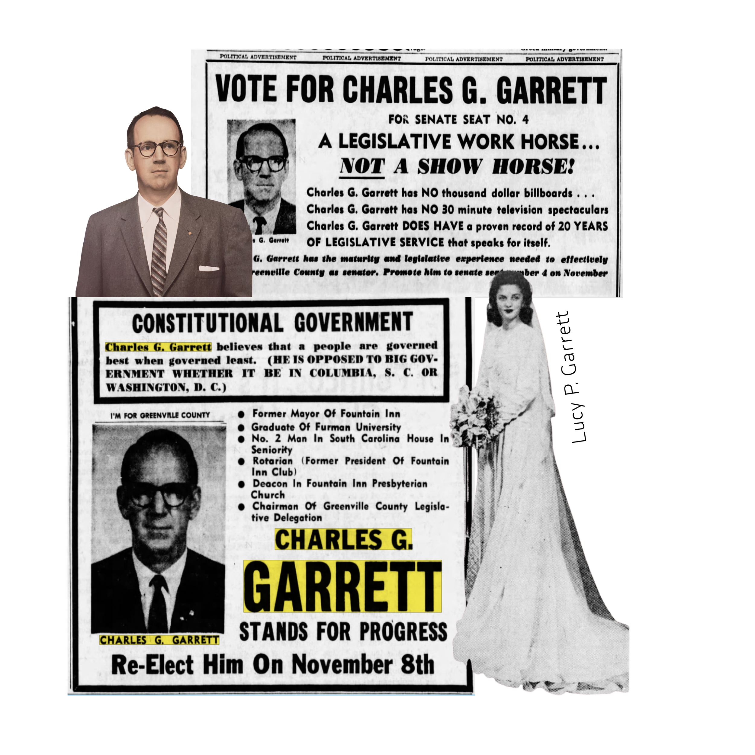 Black-and-white political campaign poster with images of Charles G. Garrett and his wife, Lucy P Garrett, in a wedding dress.