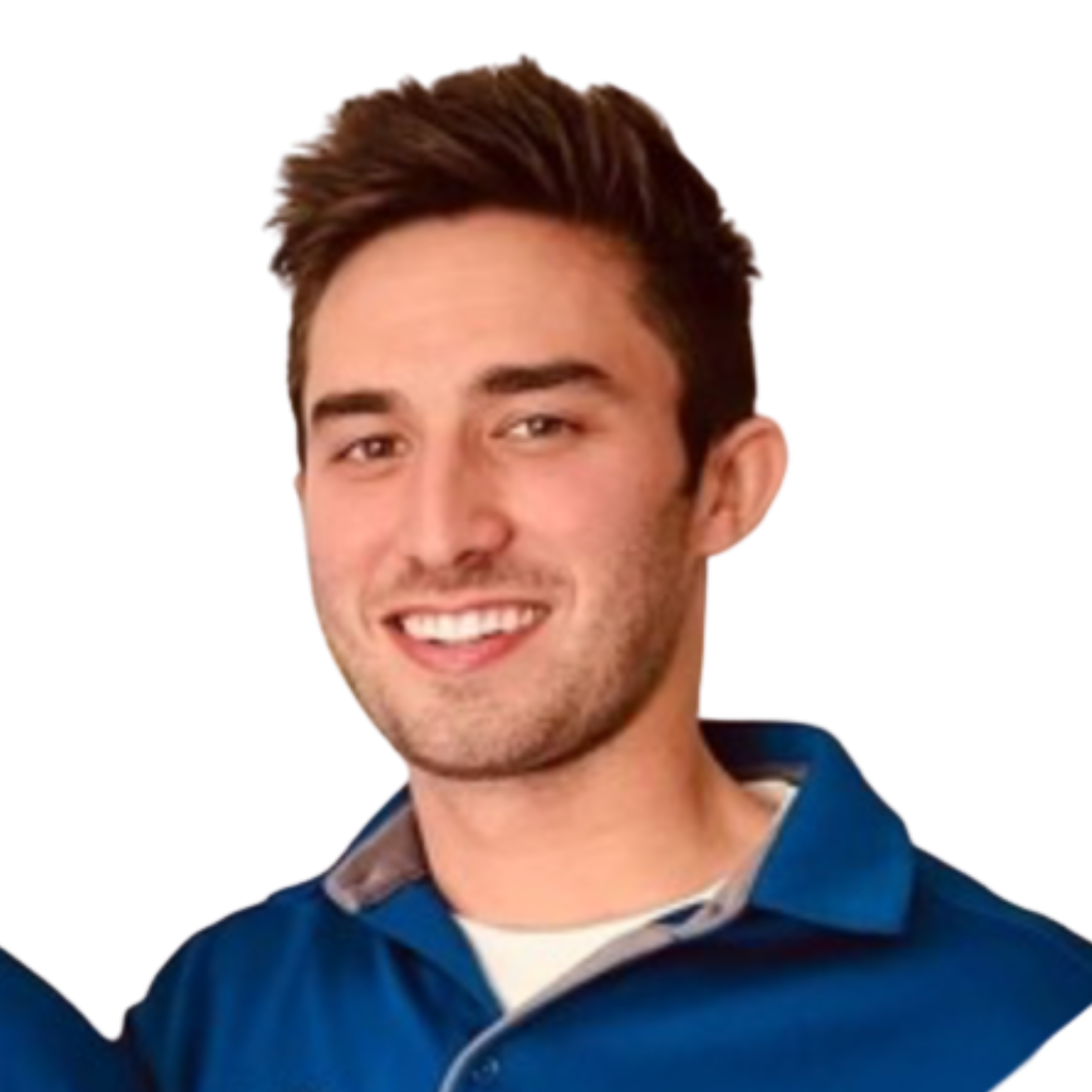 Young man with brown hair and a friendly smile, wearing a blue collared shirt.