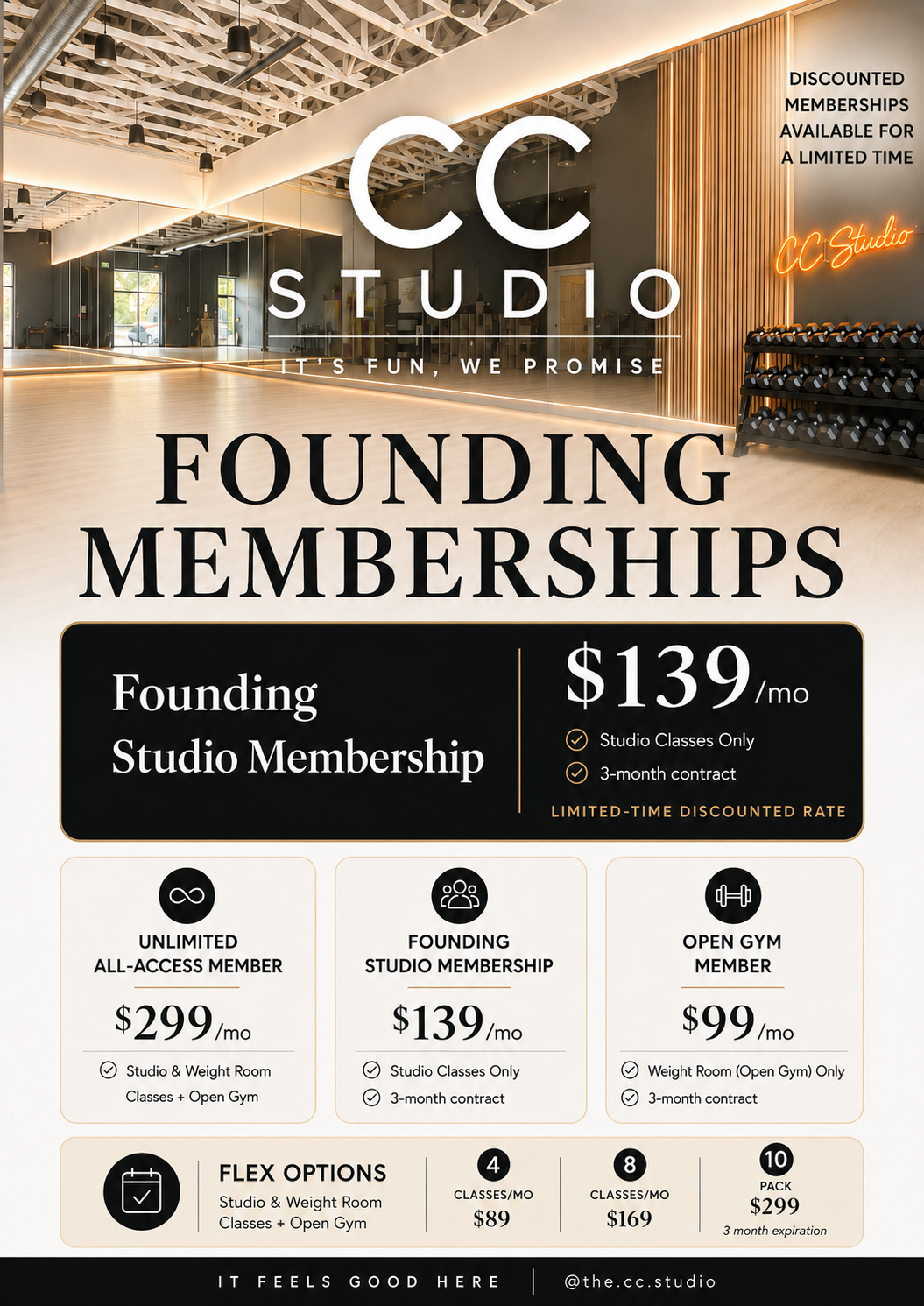 Flyer advertising founding memberships at CC Studio, a fitness studio, with prices and details of membership options including unlimited all-access, studio only, open gym, and flex plans.
