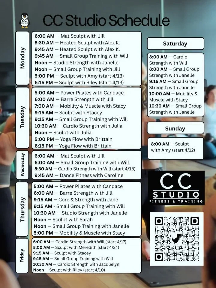 CC Studio Schedule Release 

✅ Studio &amp; Weight Room Classes
✅ 30+ classes per week
✅ Personal Training available

We built the schedule so you could join us every day and balance your movement journey the right way. 

➡️ Strength classes
➡️ Heate