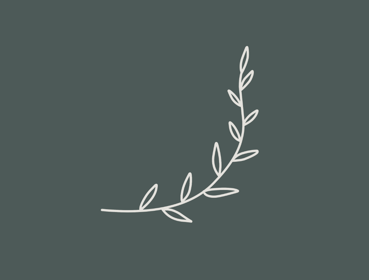 Minimalist illustration of a white, curved branch with small leaves on a dark teal background. Symbolizing growth and change