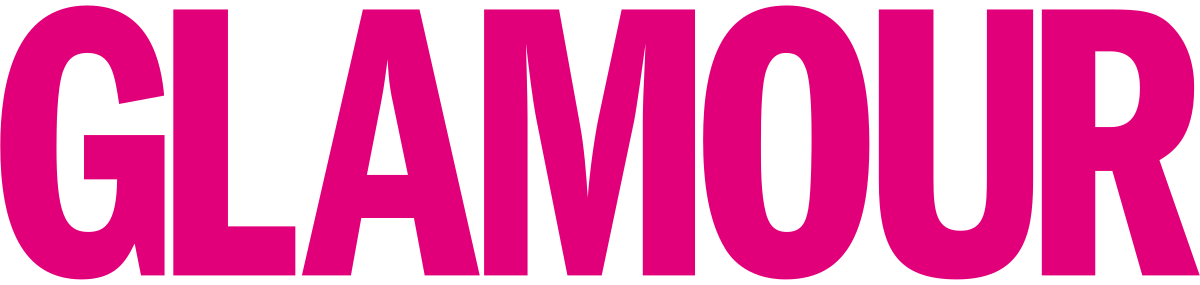 The word 'GLAMOUR' written in large, bold, pink capital letters on a black background.