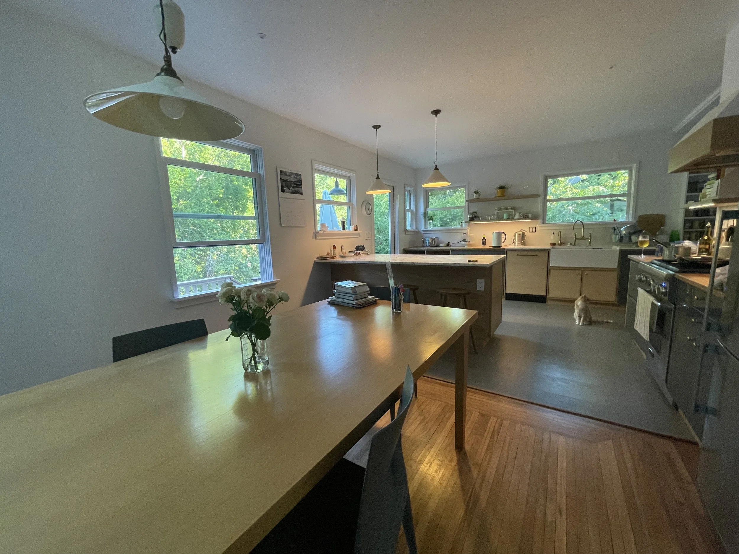 Bright kitchen with large windows, wooden dining table with a vase of white flowers, and a small dog sitting on the floor near the sink.