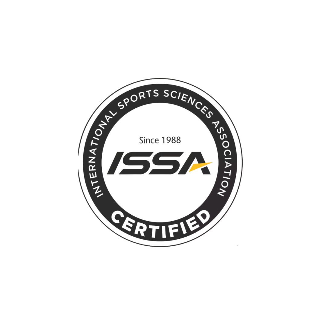ISS A certification badge from the International Sports Sciences Association, established in 1988, with black and white colors and a gold accent.