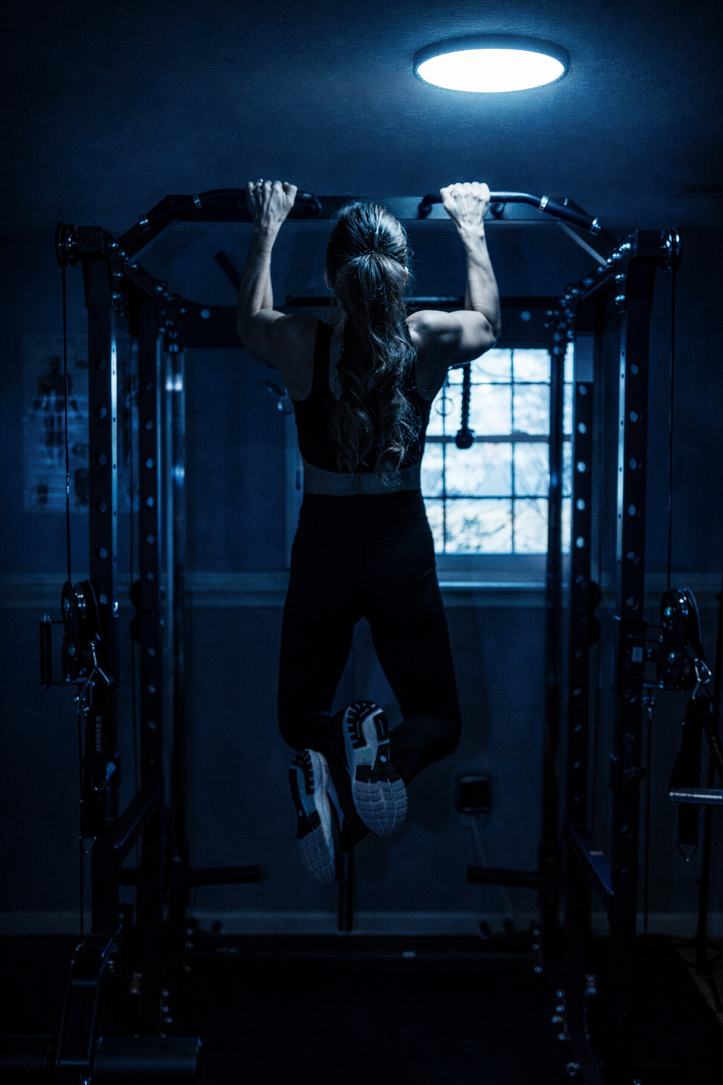 A woman doing pull-ups on a pull-up bar in a dimly lit gym, with a bright ceiling light and window in the background.