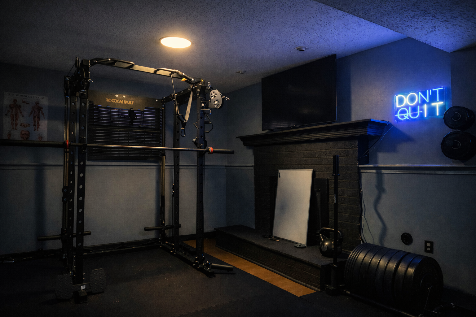 Home gym with black power rack, weight plates, and a neon blue sign that says 'DONT QUIT' on the wall.