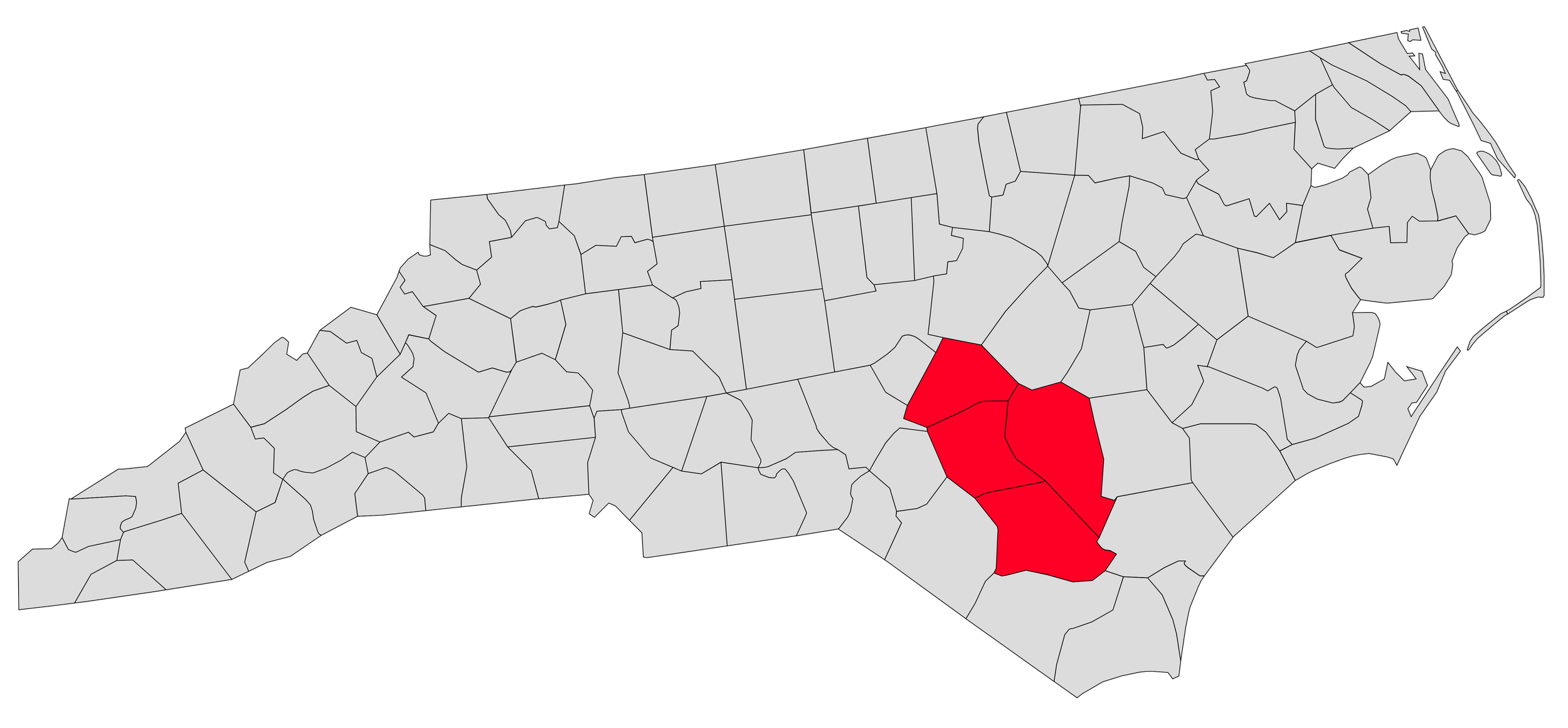 Map of North Carolina highlighting several counties in red.
