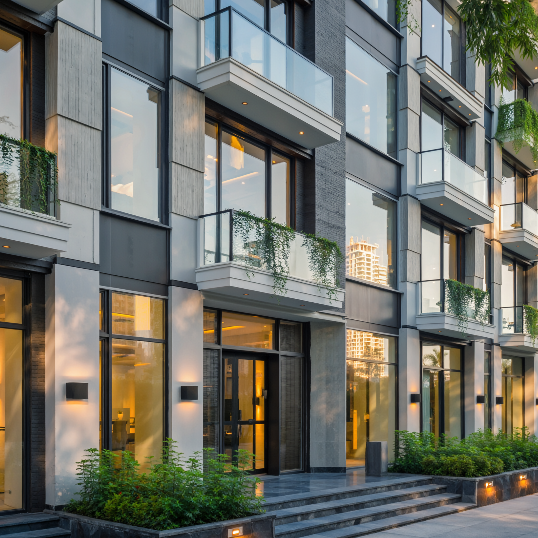Modern multi-story apartment building with large glass windows and balconies, illuminated by exterior lights at dusk, with trees and shrubs in front.