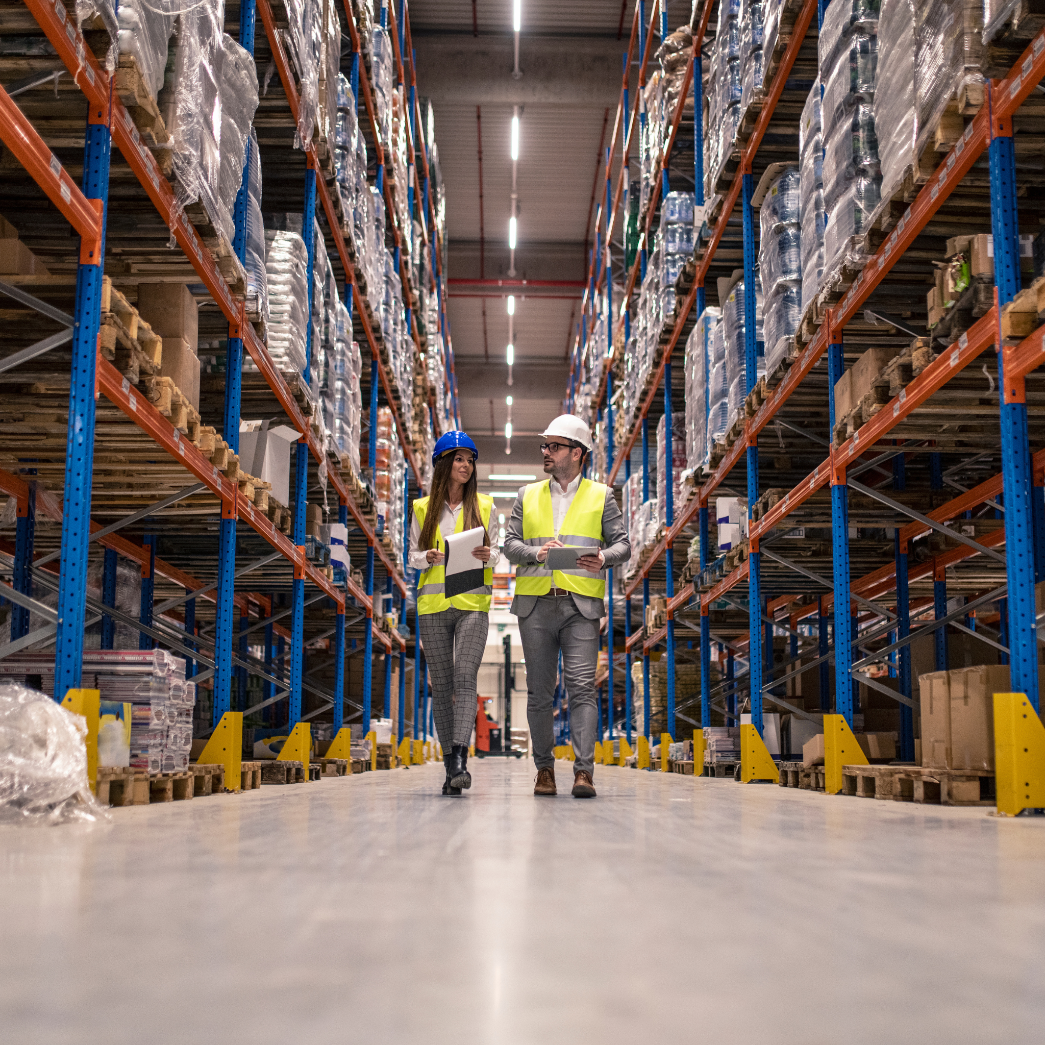 Two warehouse workers, a woman and a man, walking and talking inside a large warehouse aisle with high shelves stacked with boxed goods, both wearing safety helmets and reflective vests, holding clipboards.
