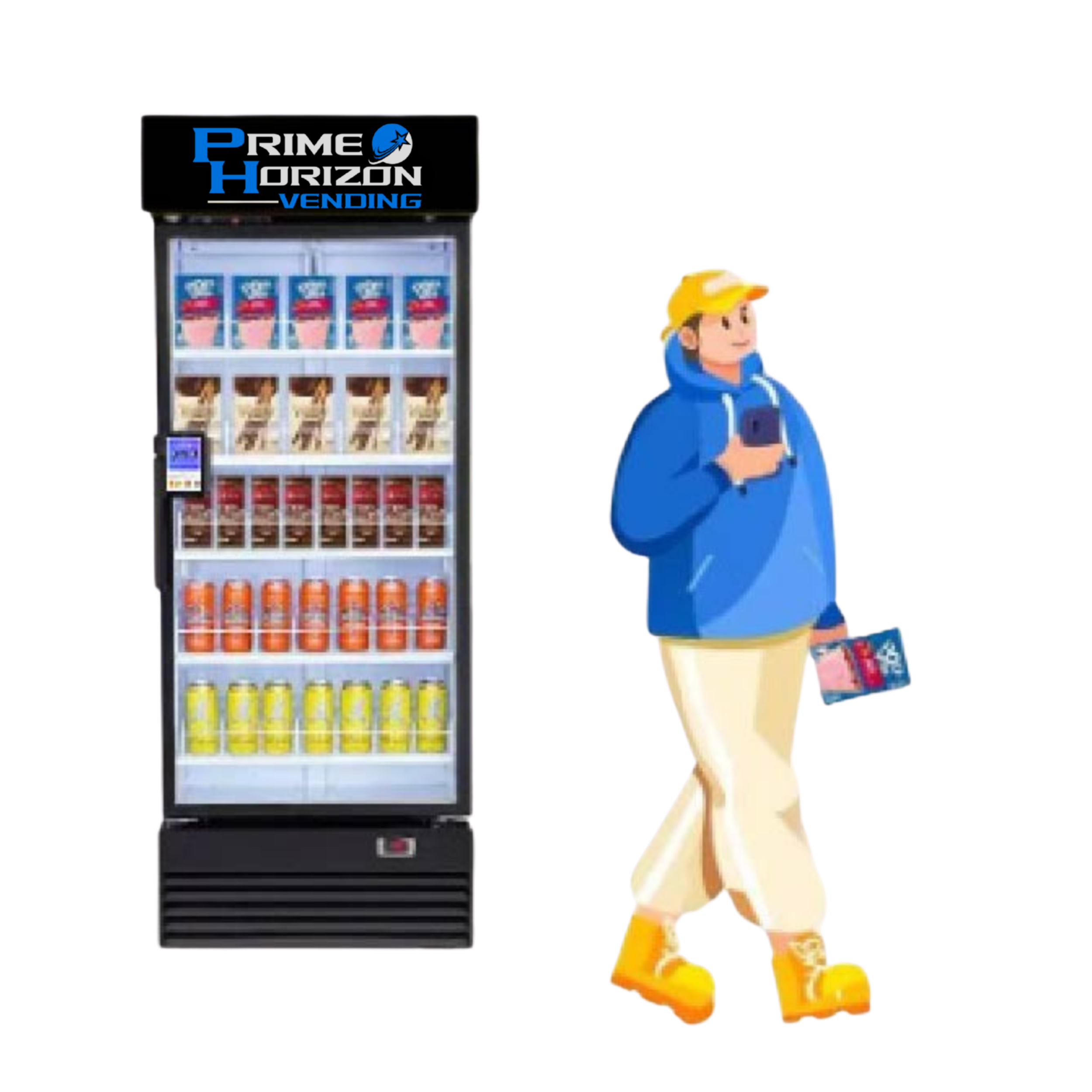 A vending machine labeled 'Prime Horizon Vending' with various snacks inside, and a person wearing a yellow cap, blue jacket, beige pants, and yellow boots walking by while looking at their phone and holding a snack.