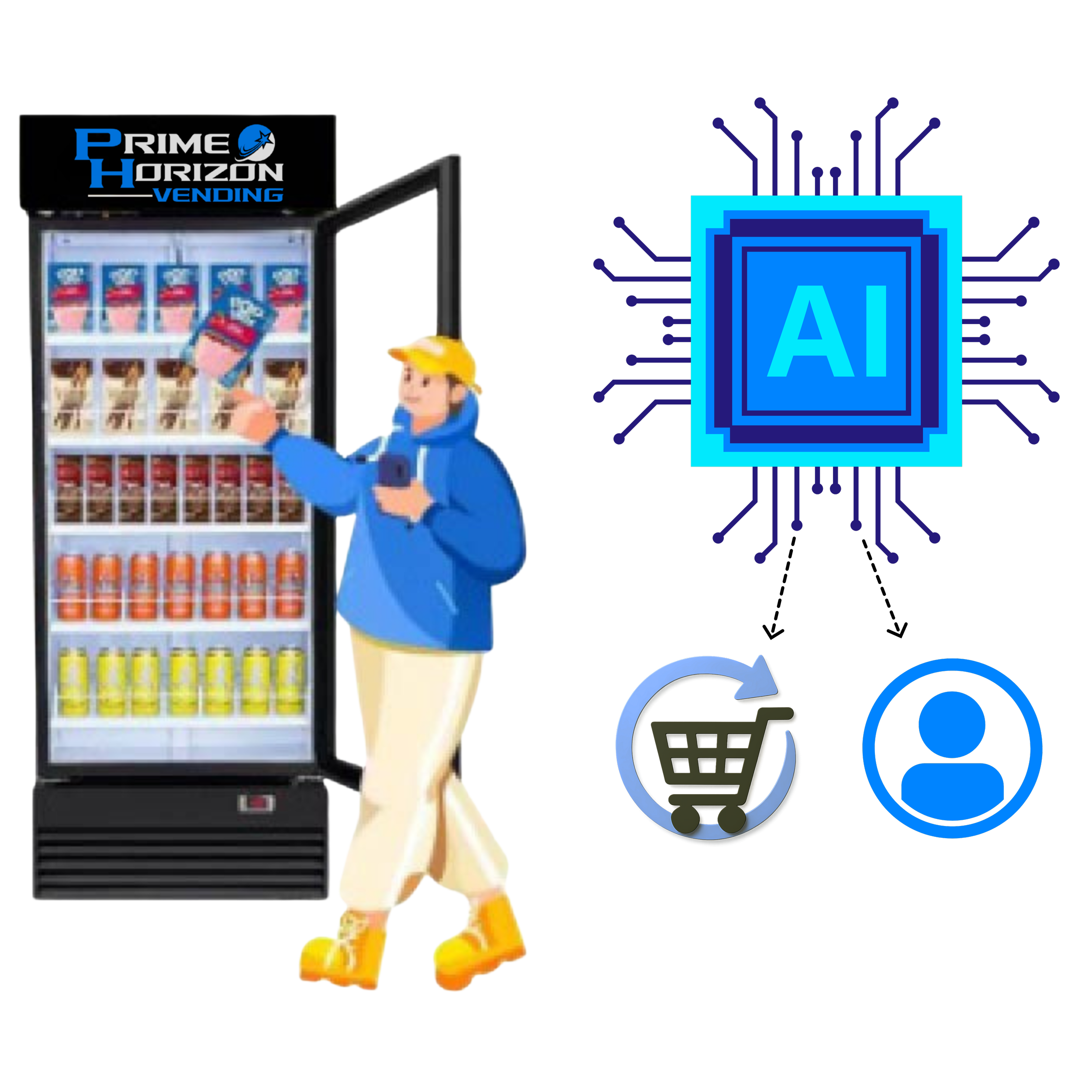 Illustration of a person using an AI-powered vending machine, holding a snack, with icons representing AI, online shopping, and user profile.