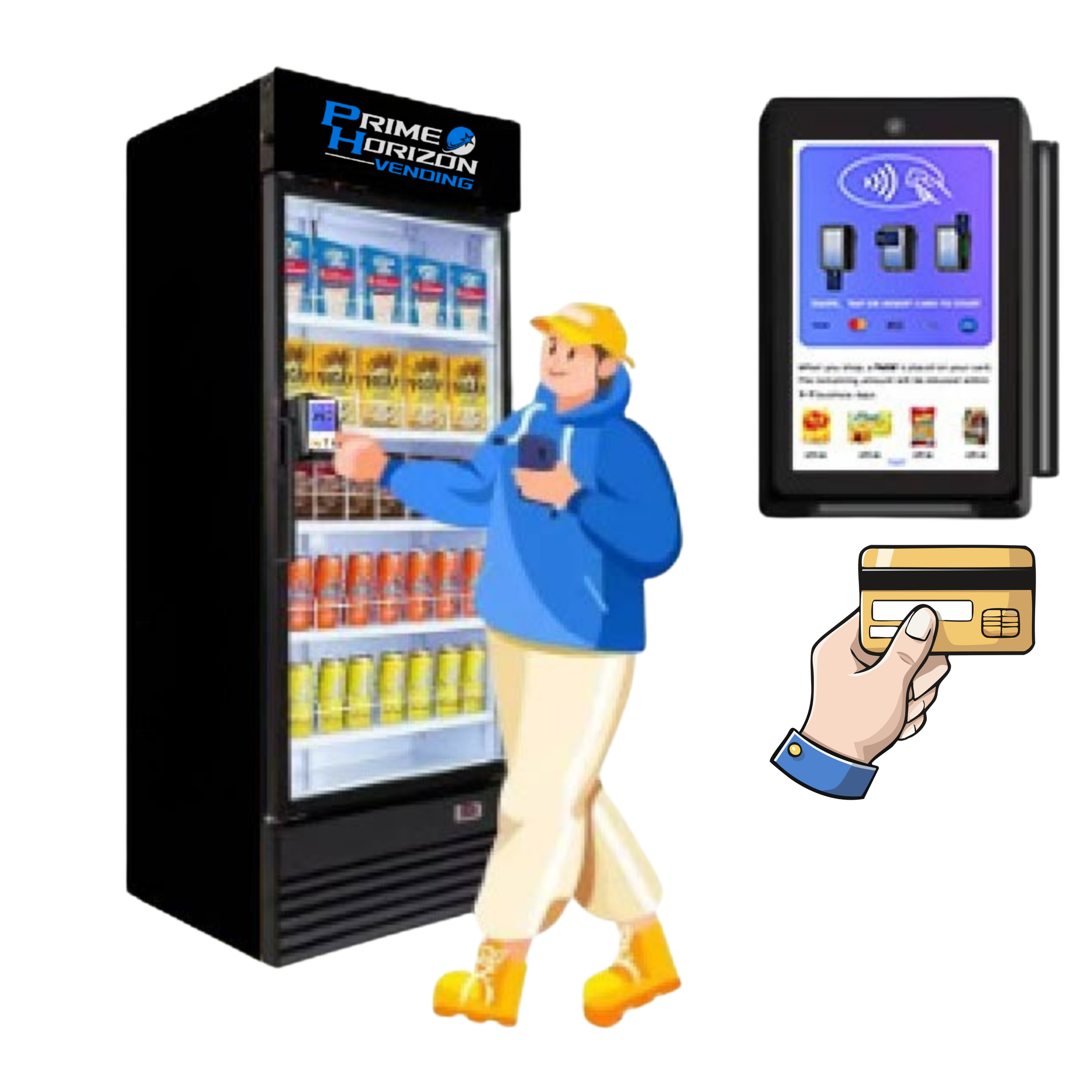 A person using a vending machine with a contactless payment reader and a credit card to purchase snacks or drinks.