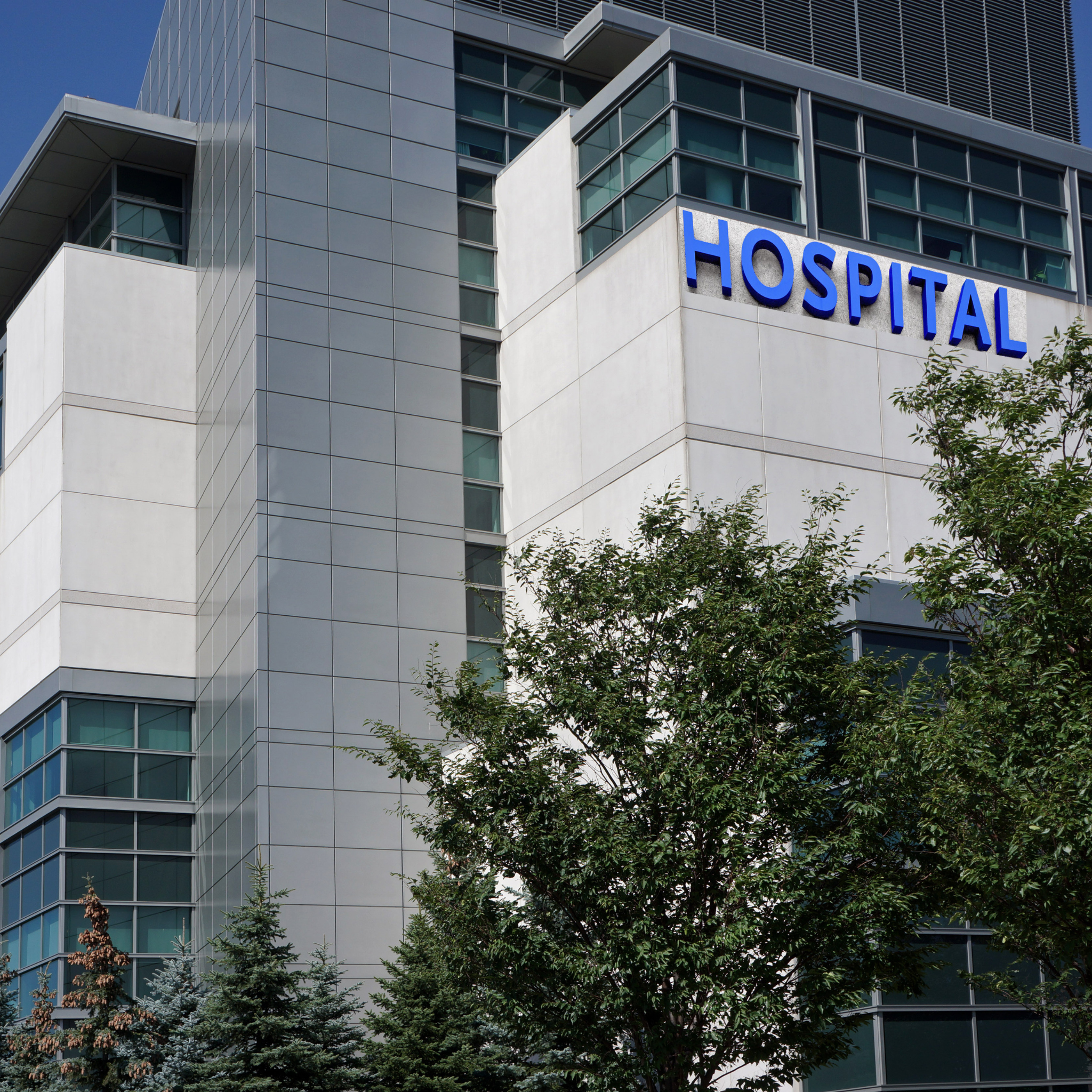 Modern hospital building with large blue letters spelling 'HOSPITAL' on the exterior wall, trees in the foreground, and a clear blue sky in the background.