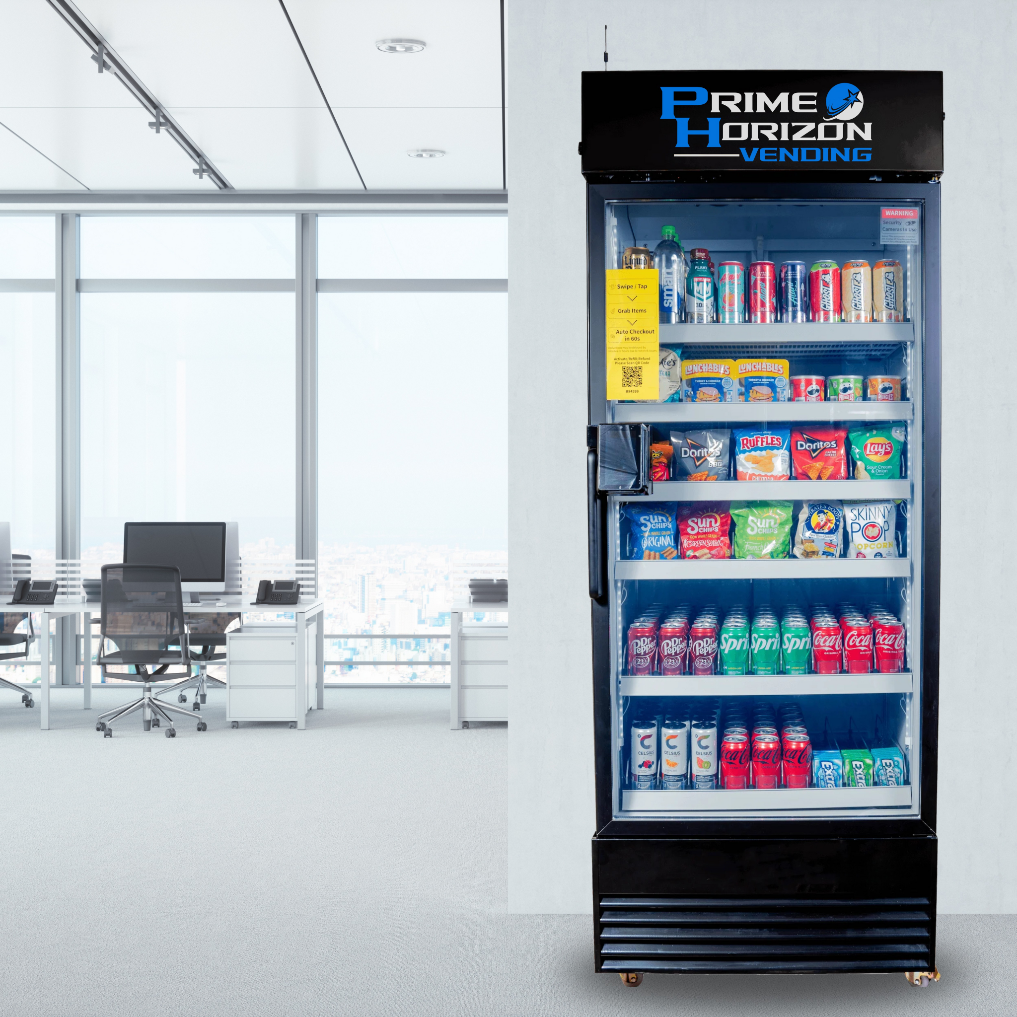 Office with a vending machine filled with soda, snacks, and energy drinks, near large windows overlooking a cityscape.