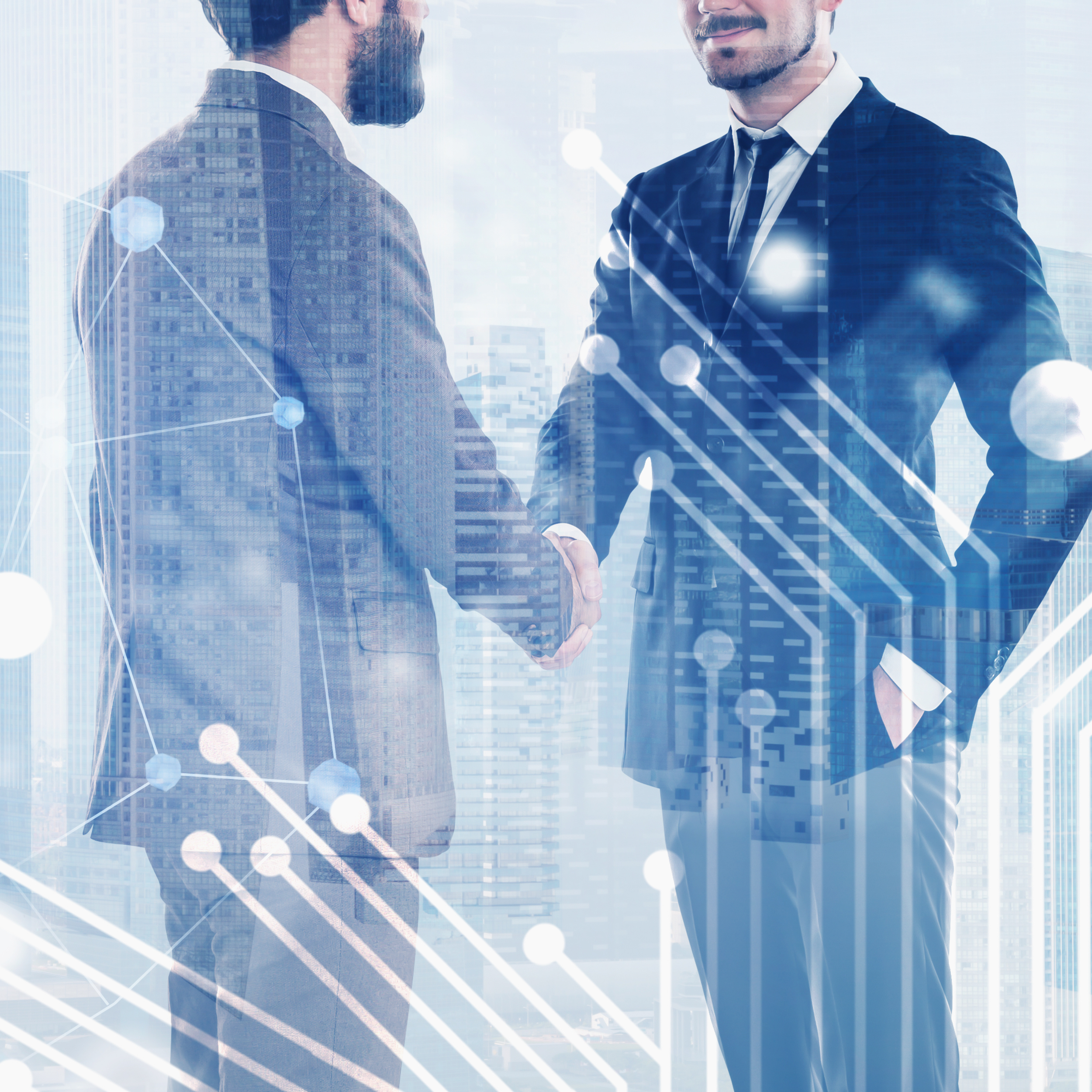 Two businessmen in suits shaking hands in a modern cityscape with overlay graphics of digital technology and data connections.