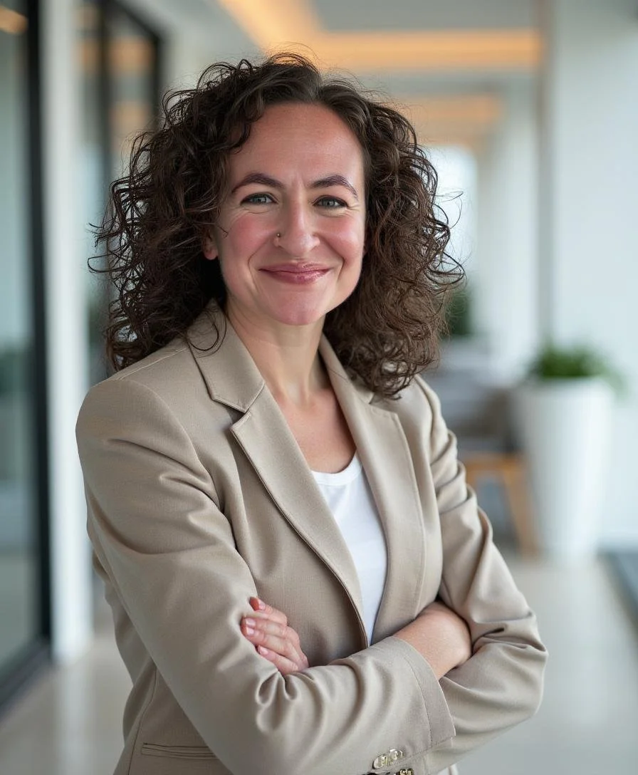 A woman with curly brown hair smiling confidently, standing with her arms crossed in a modern office setting.