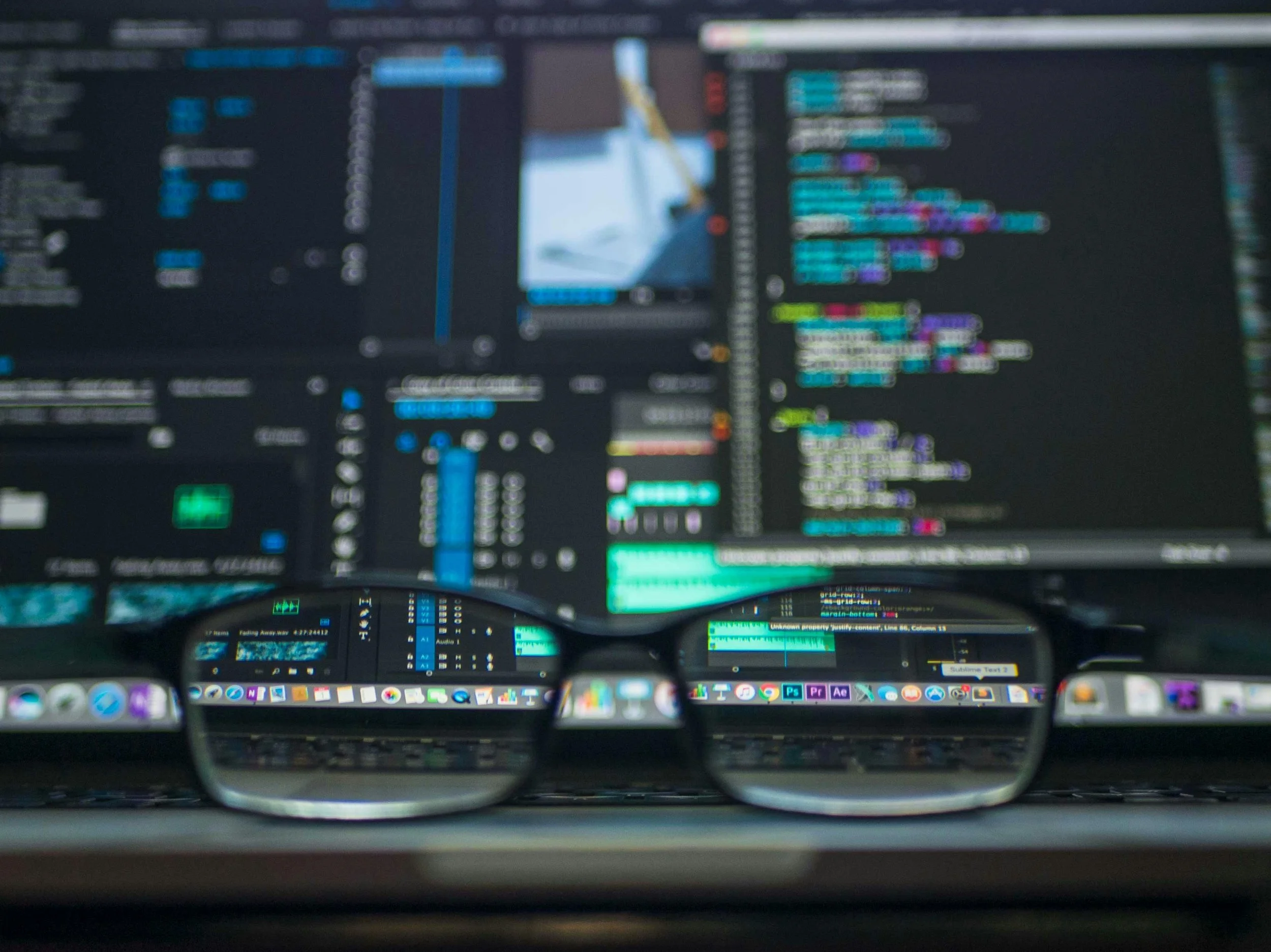 A laptop with code on the screen and a pair of glasses reflecting the code and coding environment.