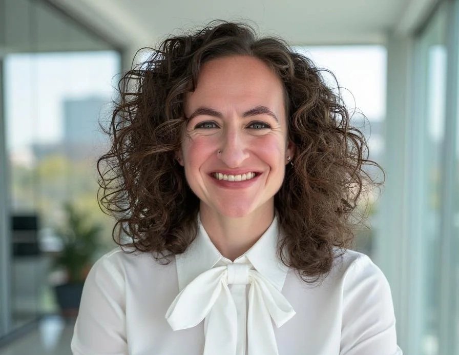 A woman with curly brown hair smiling in a modern office or conference room with large windows.