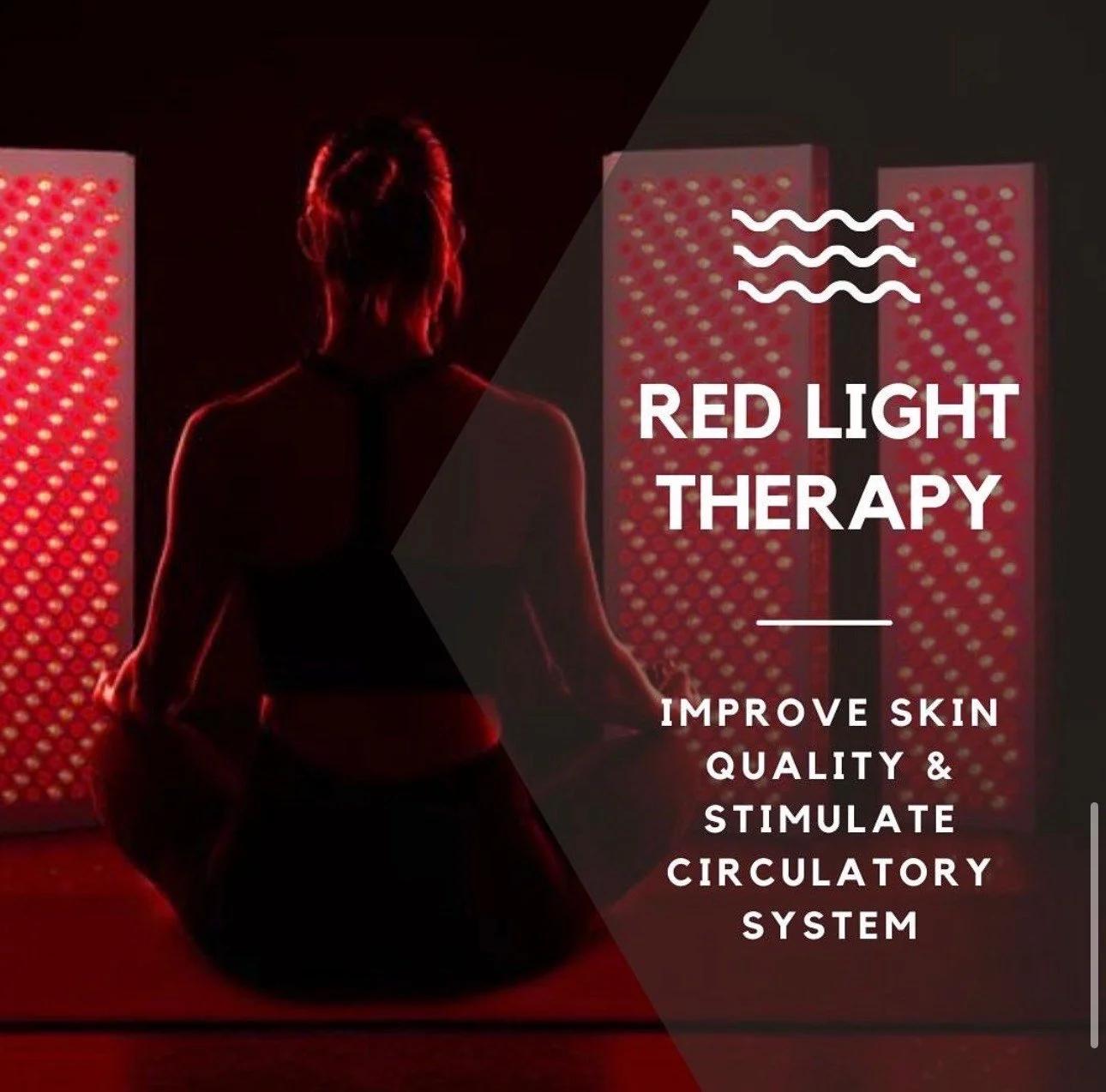 A person sitting in front of red light therapy panels, with the overlay text 'Red Light Therapy' and information about skin improvement and circulation stimulation.