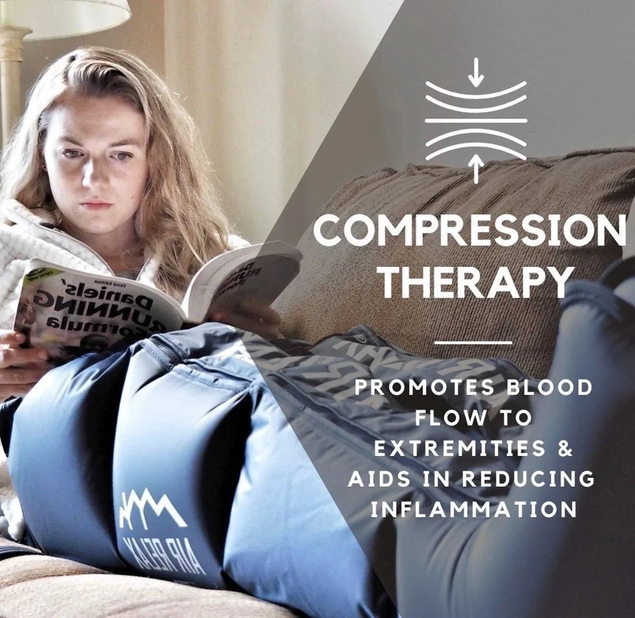 A woman sitting on a couch reading a book, with a blood pressure cuff on her arm, illustrating compression therapy which promotes blood flow to extremities and reduces inflammation.