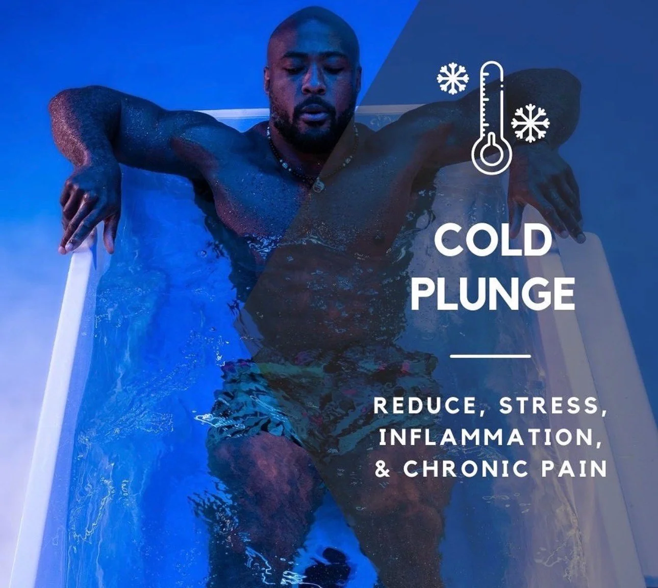Man submerged in a cold plunge tub, promoting health benefits such as reducing stress, inflammation, and chronic pain.