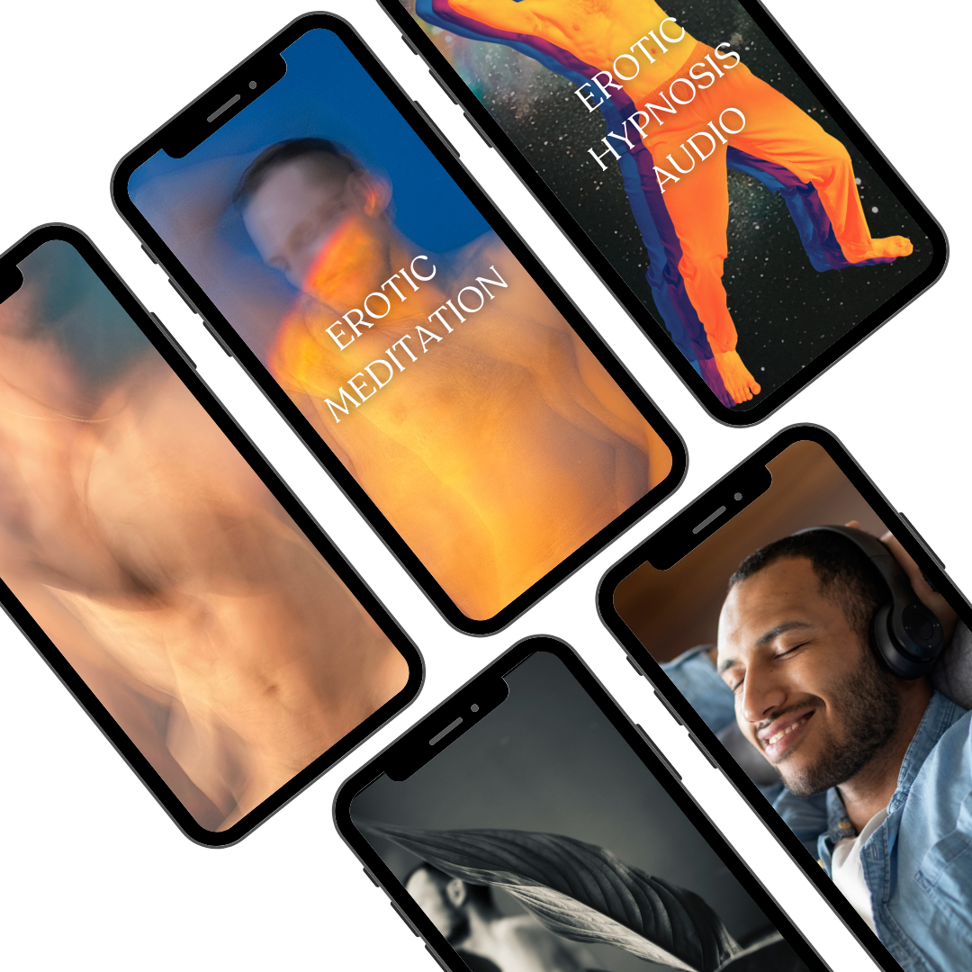 Smartphones displaying media related to erotic meditation, erotic hypnosis, and audio, with images of a person meditating, a person in colorful clothing, and a smiling man with headphones.