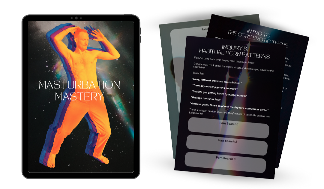 A digital tablet displaying a cover with a stylized, colorful image of a man with arms raised and surrounded by cosmic effects, titled 'Masturbation Mastery,' and several informational pages about erotic themes and search terms for adult content.