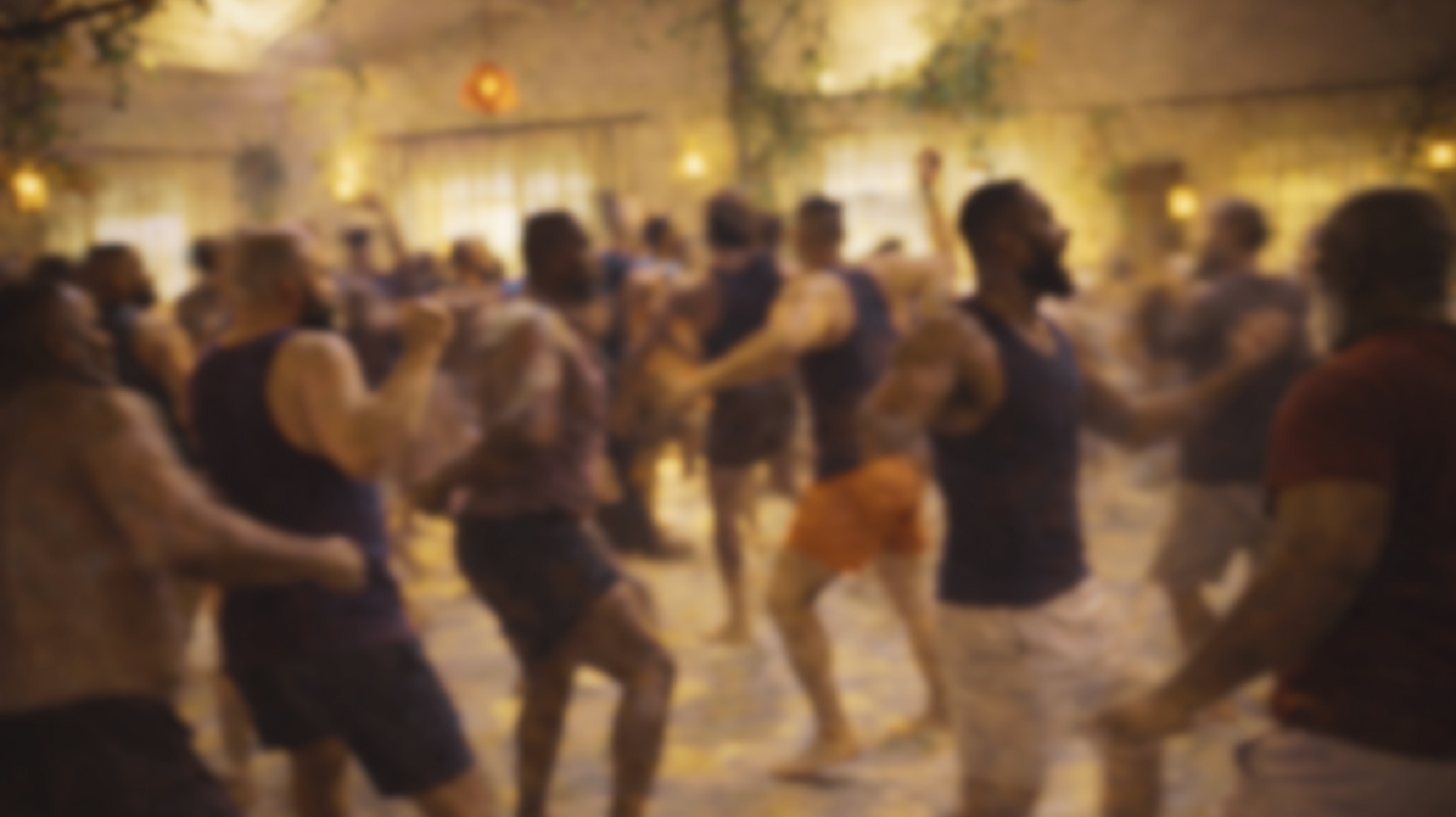 Group of gay men dancing at a sober dance in London.