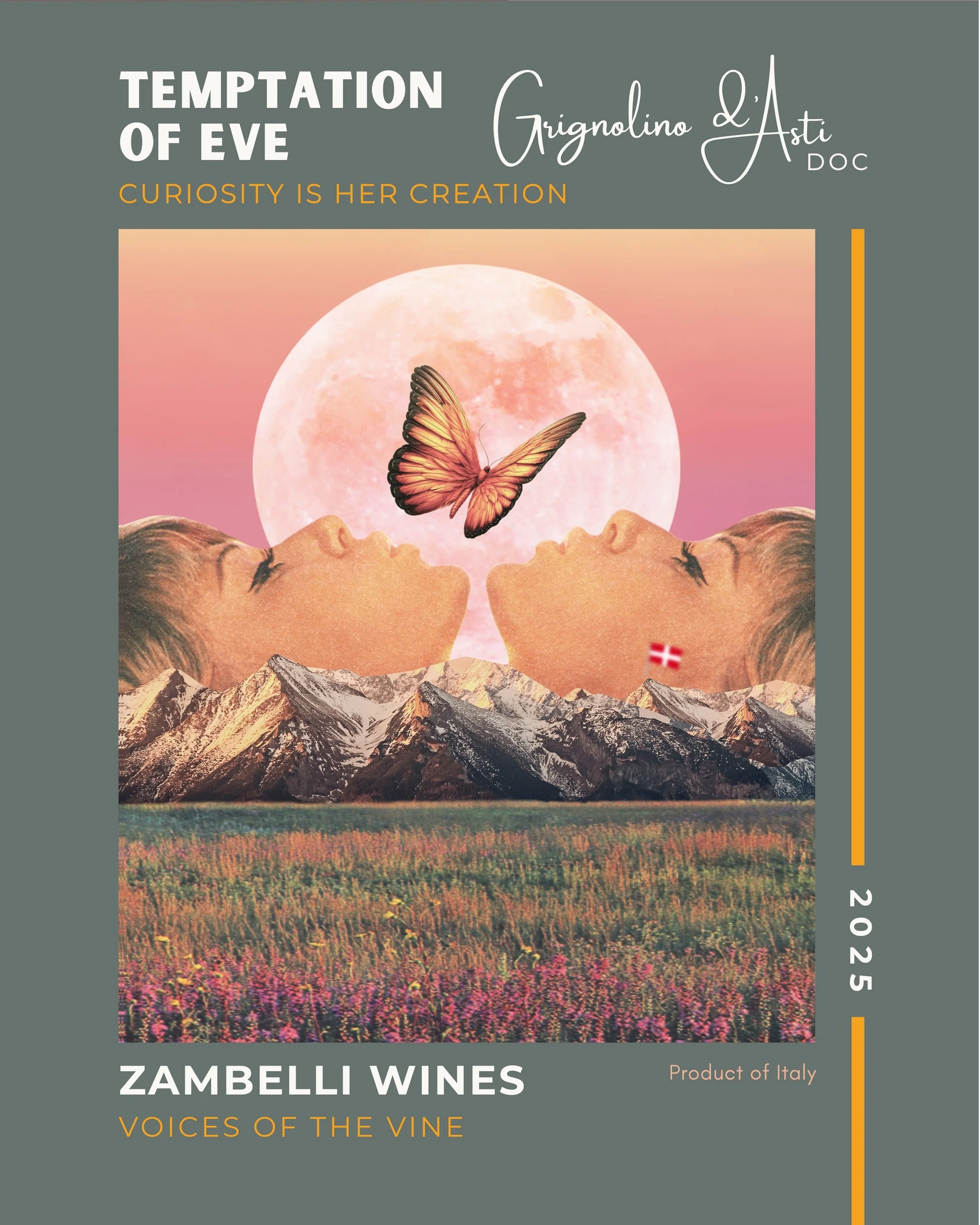 Temptation of Eve Gringnolino dAsti DOC with photo of two girls faces, looking up toward a butterfly with a pink moon behind them