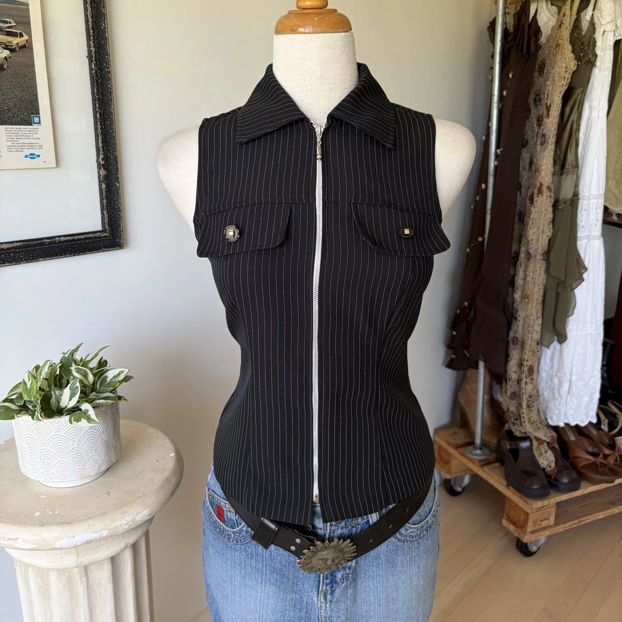 Pinstripe Collared Tank Top