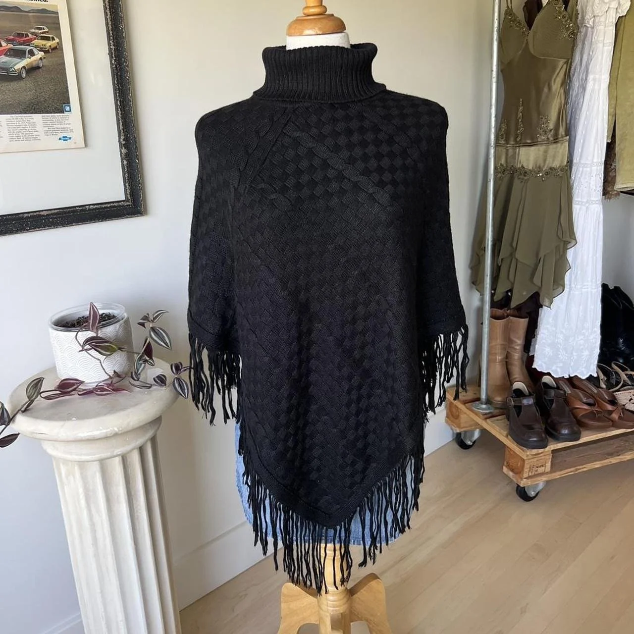 Vintage Black Knit Poncho