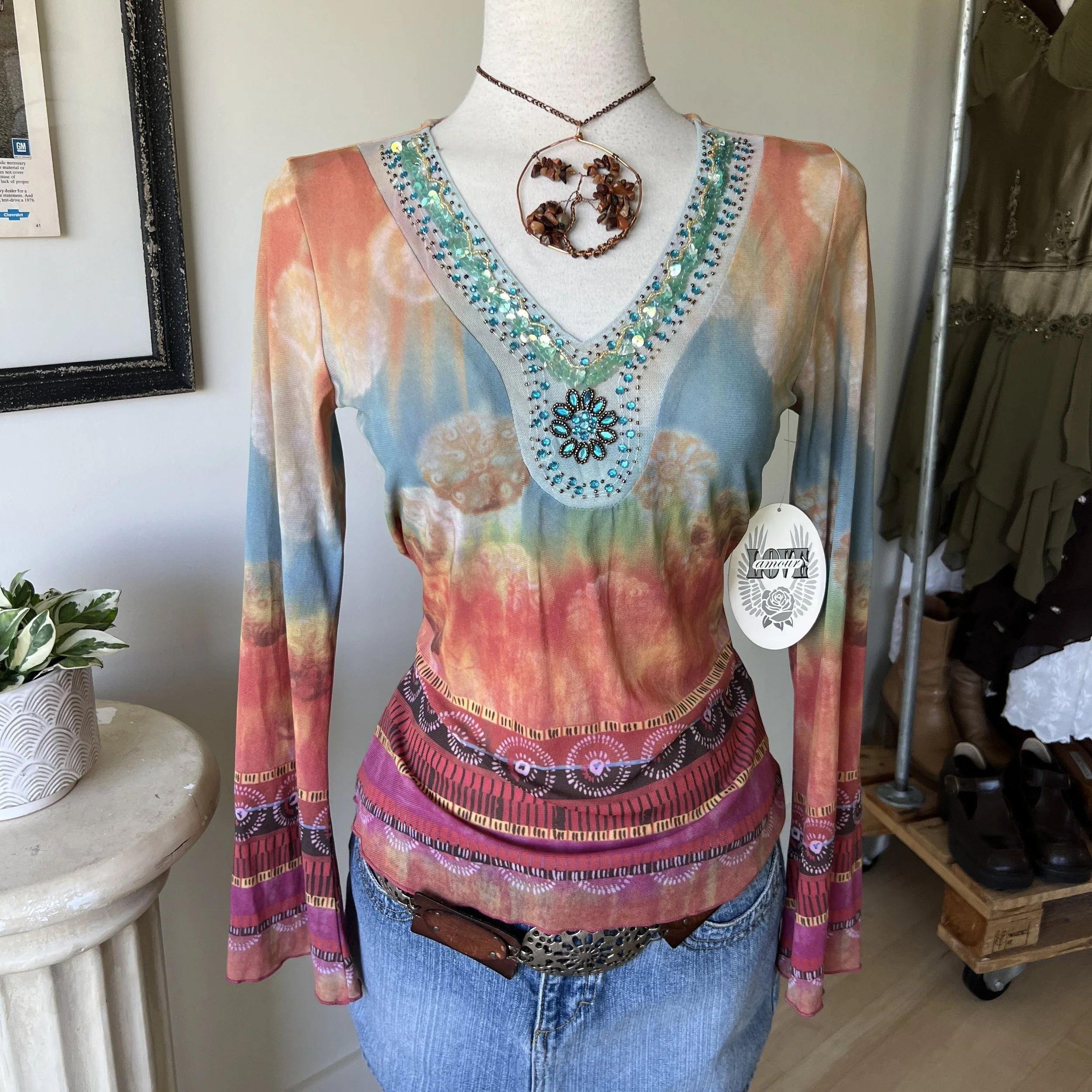 Beaded Mesh Long Sleeve