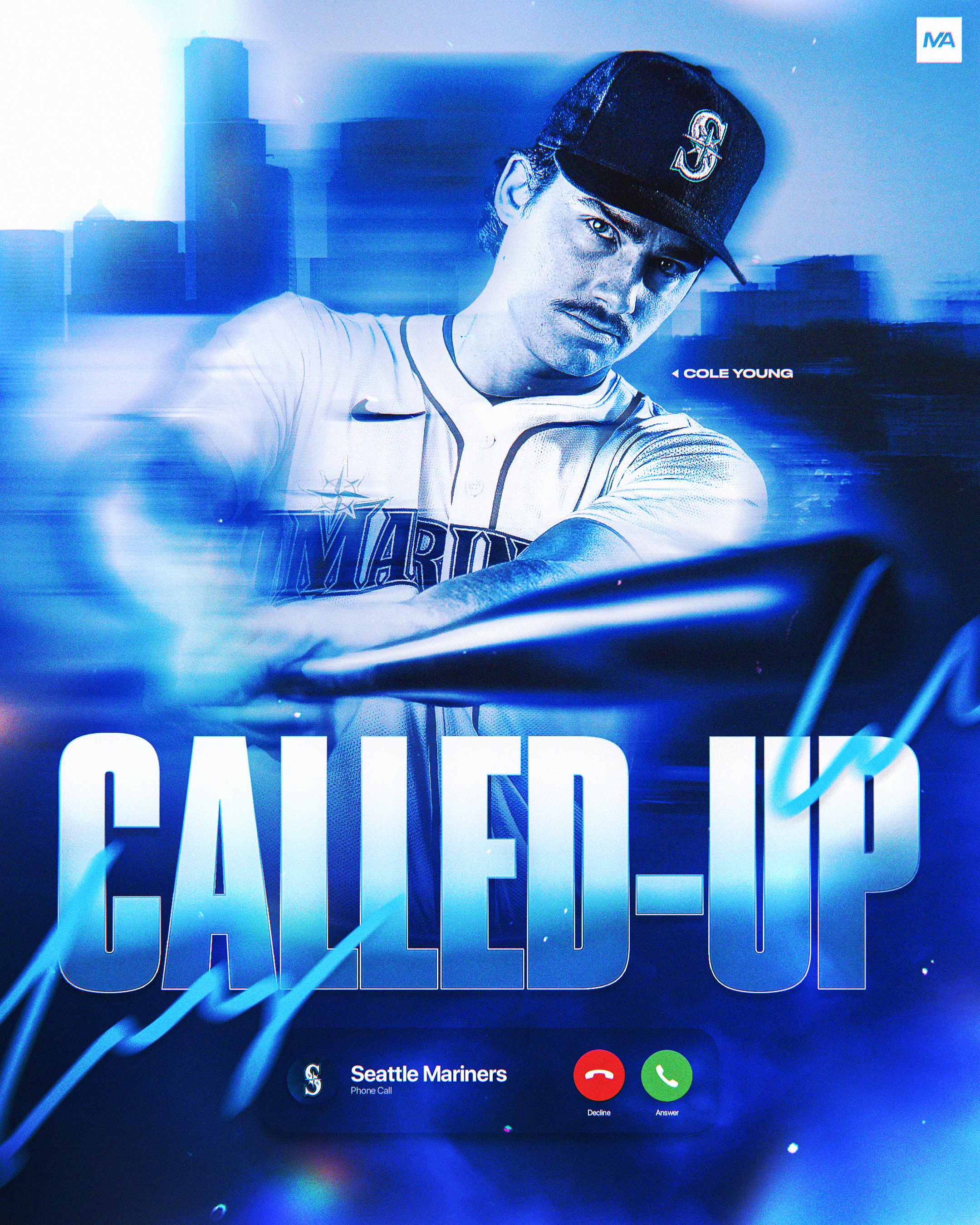 Digital image of a young man wearing a Seattle Mariners baseball jersey and cap, appearing as if on a phone call with options to answer or decline, overlaid with the word 'CALLED-UP' and cityscape background.