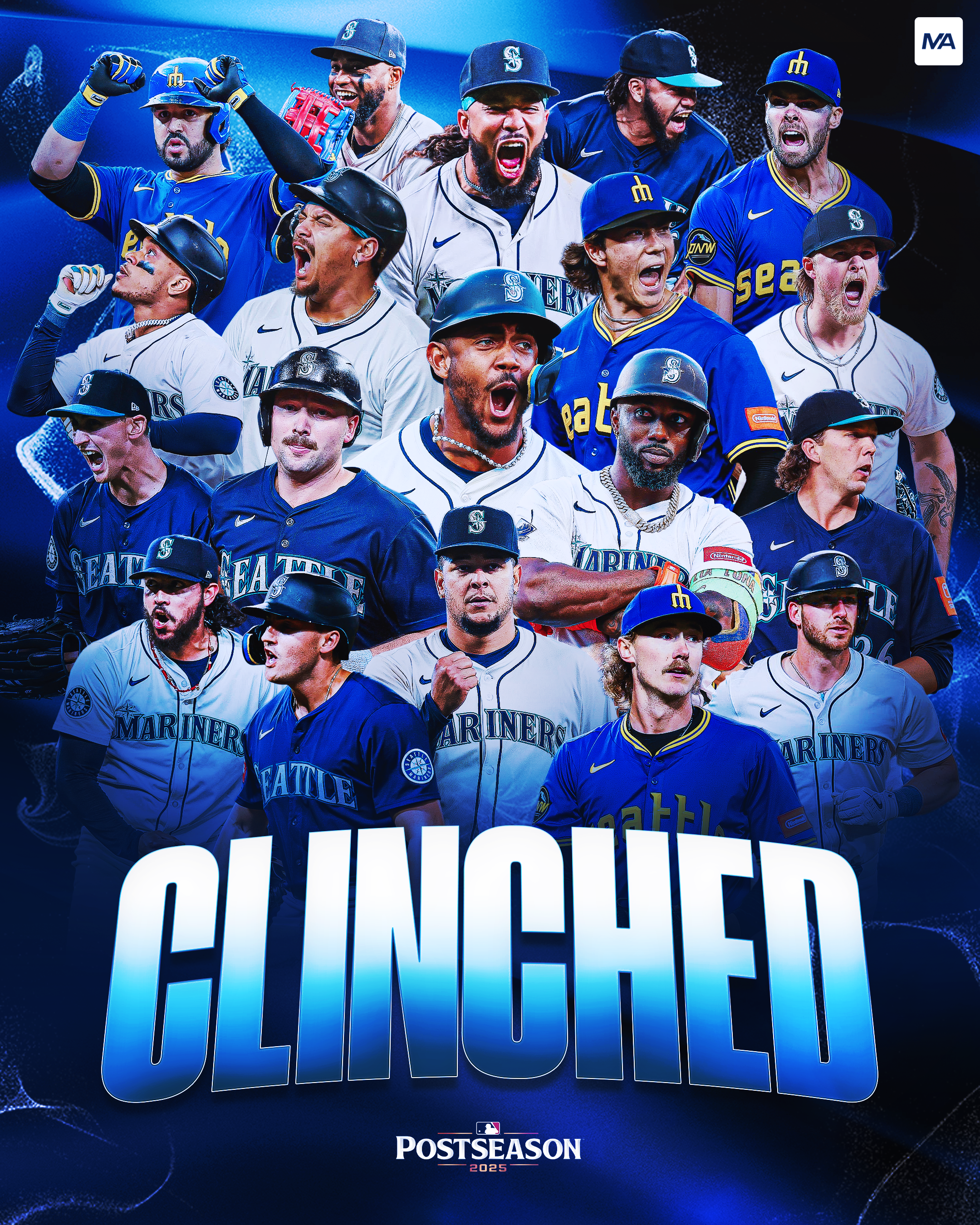 Seattle Mariners baseball players celebrating in team uniforms with the word "CLINCHED" and "Postseason 2023" text.