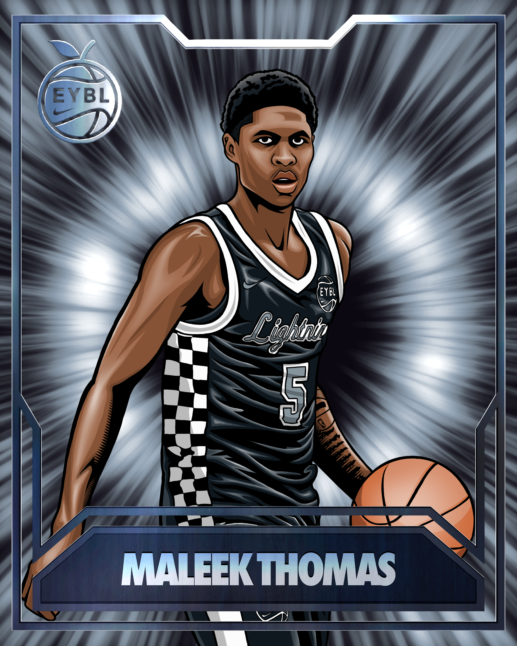 Digital illustration of a basketball player named Maleek Thomas wearing a black uniform with the number 5, holding a basketball, with a background featuring a dynamic radial light burst and the logos for EYBL and Lightning.