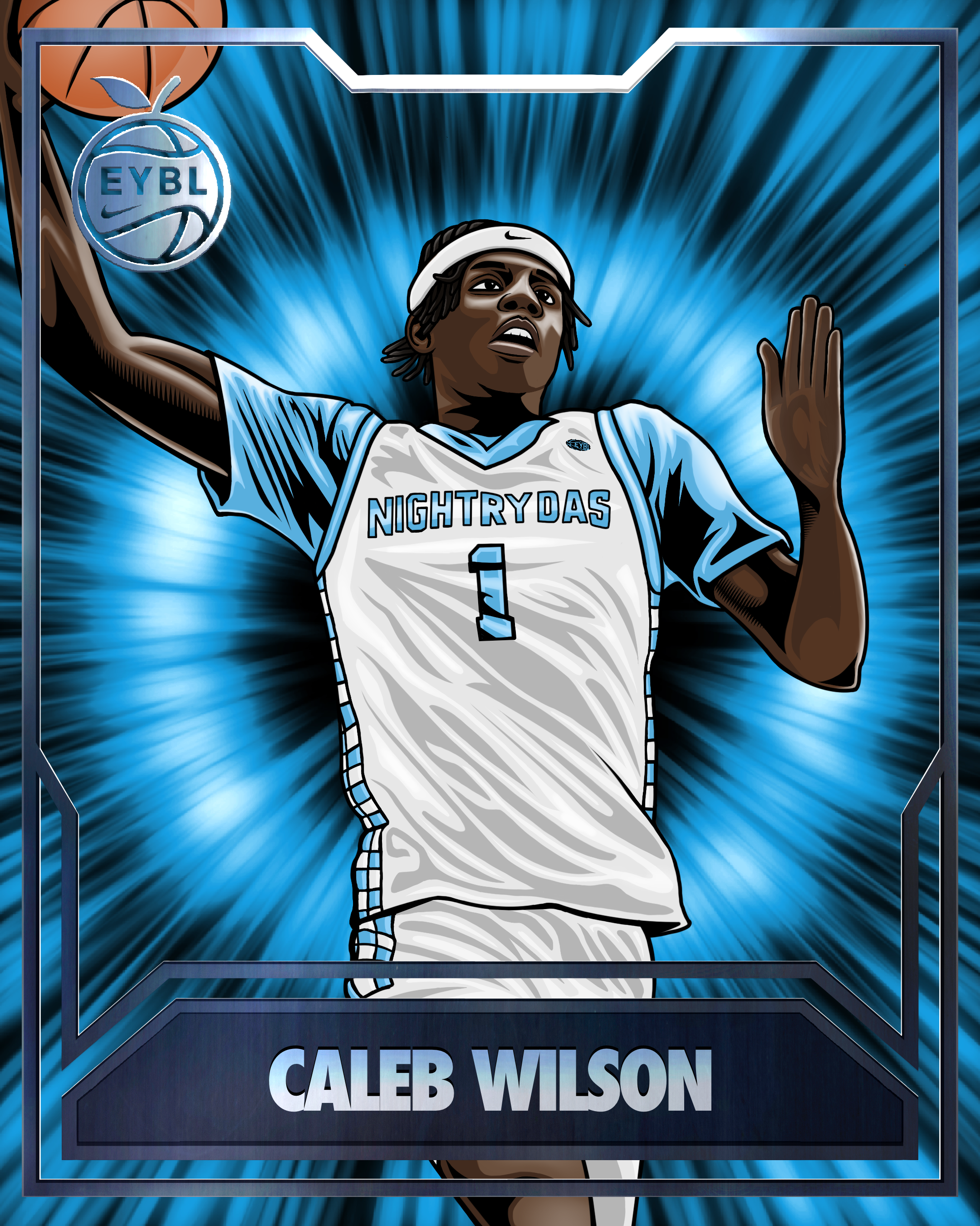 Illustration of a basketball player in a white and blue uniform with the number 1, holding a basketball and preparing to shoot, with a blue radiant background. The jersey has the text 'NIGHTRY DAS.' The image has a label with the name 'CALEB WILSON' 
