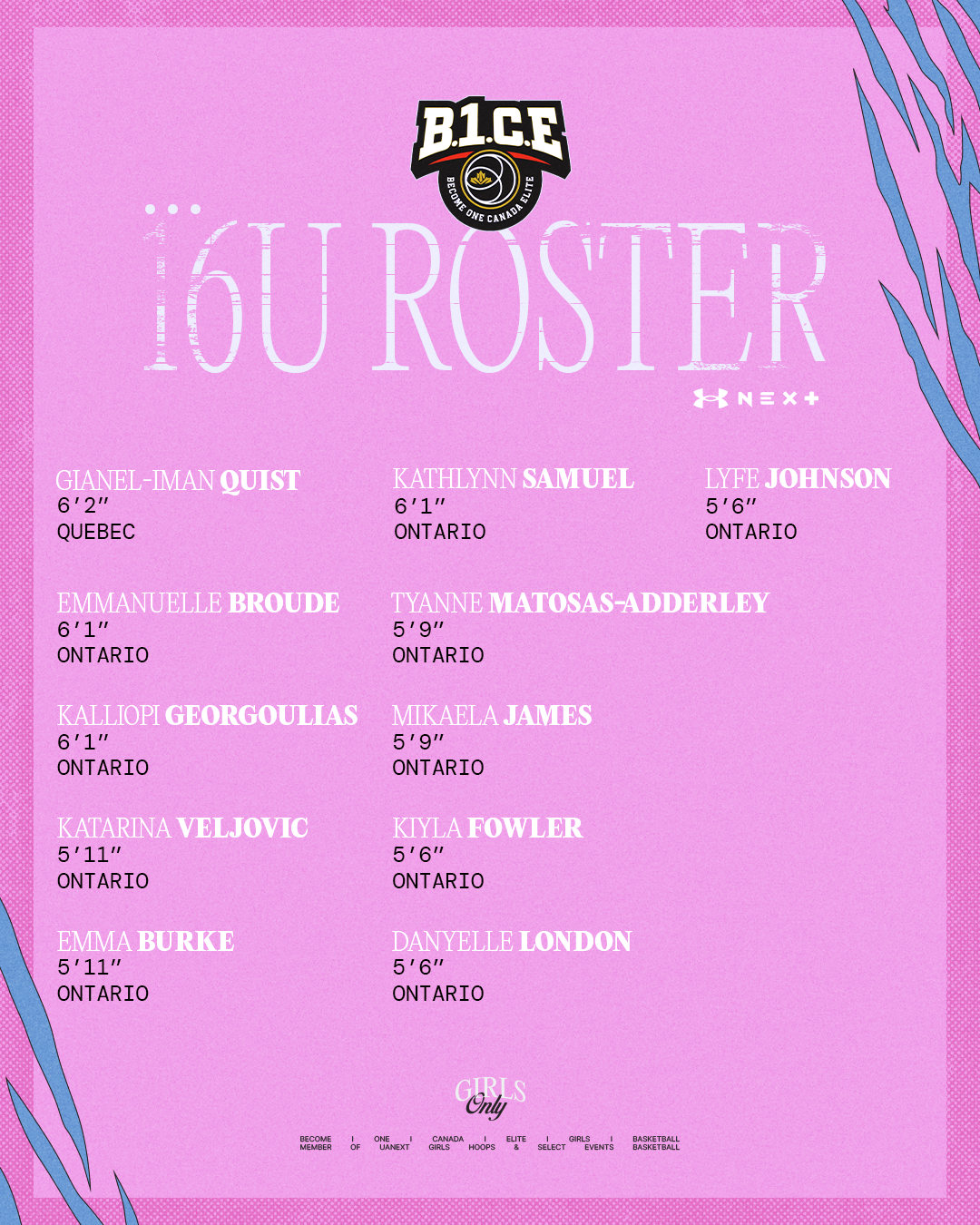 Pink background poster with the title 'i9U ROSTER' and a logo at the top. It lists names and heights of female basketball players from Ontario, with the heading 'GIRLS Only' at the bottom.