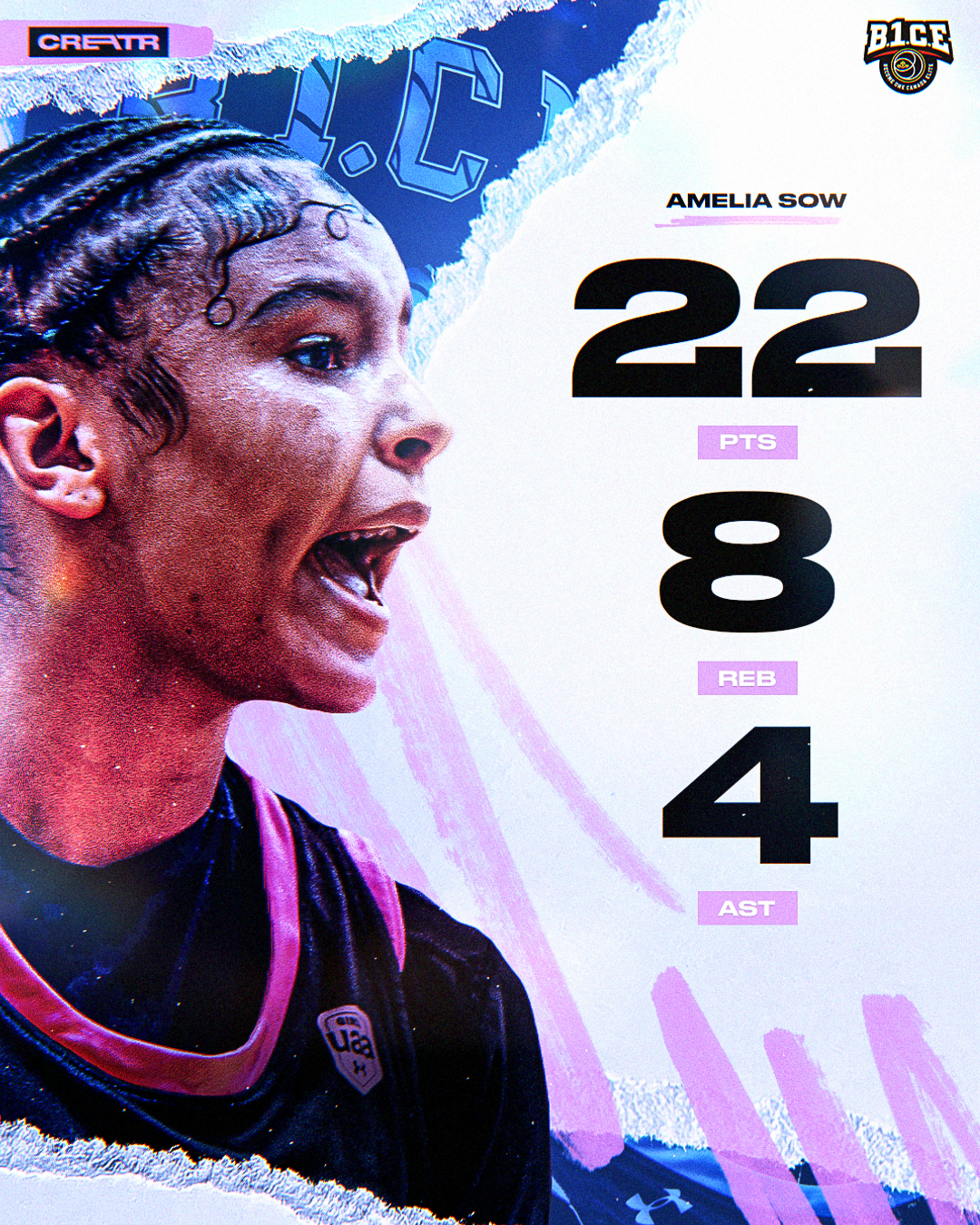 U.S. women's basketball player Amelia Sow celebrating, wearing a black jersey, with her stats: 22 points, 8 rebounds, 4 assists, against a background with graphic elements and logos.